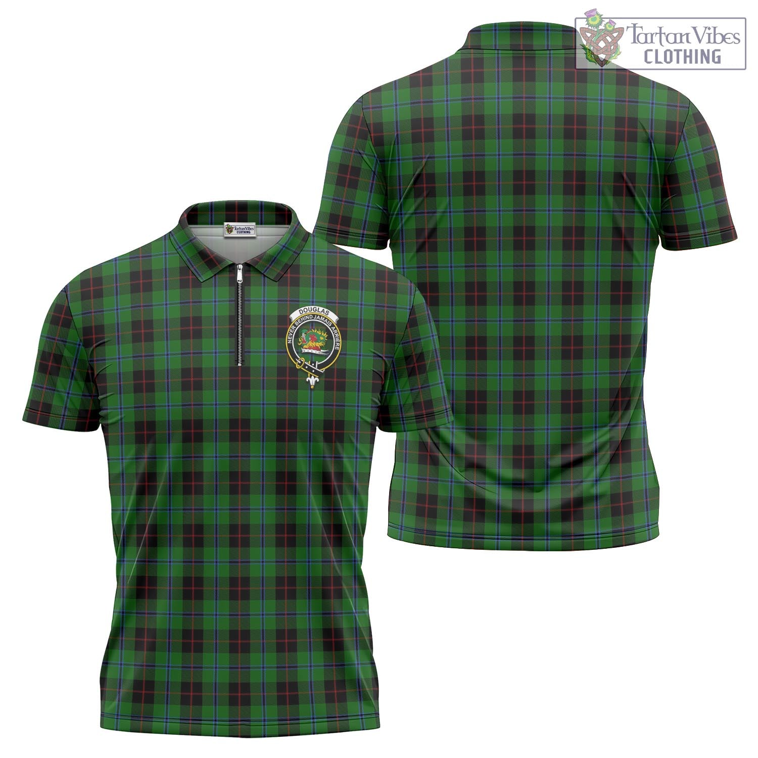 Tartan Vibes Clothing Douglas Black Tartan Zipper Polo Shirt with Family Crest