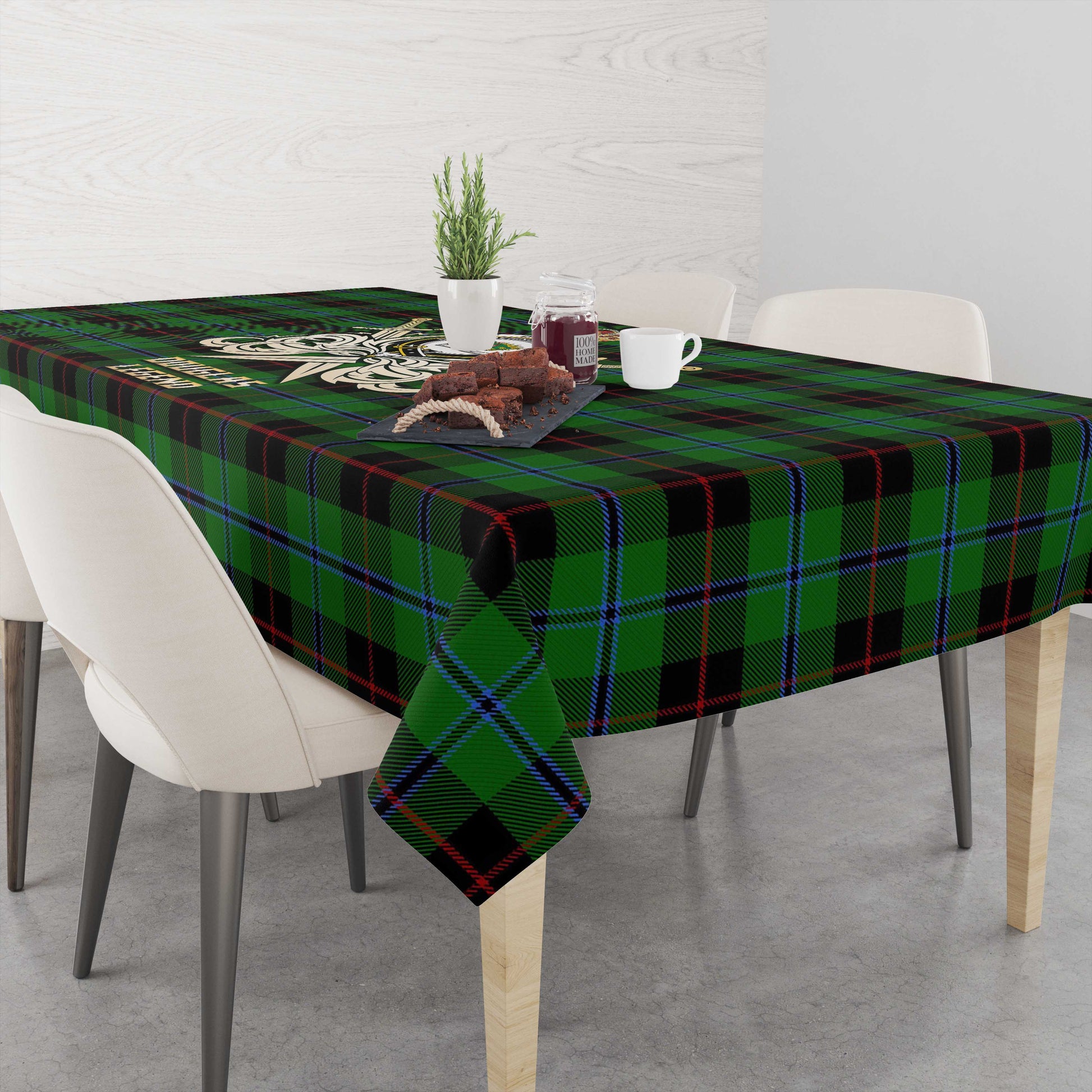 Tartan Vibes Clothing Douglas Black Tartan Tablecloth with Clan Crest and the Golden Sword of Courageous Legacy