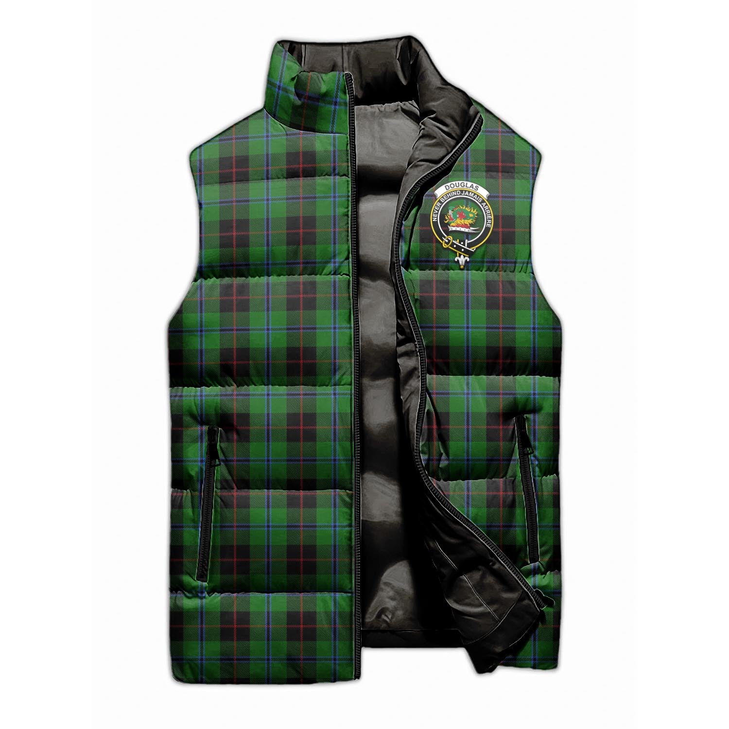 Douglas Black Tartan Sleeveless Puffer Jacket with Family Crest - Tartanvibesclothing