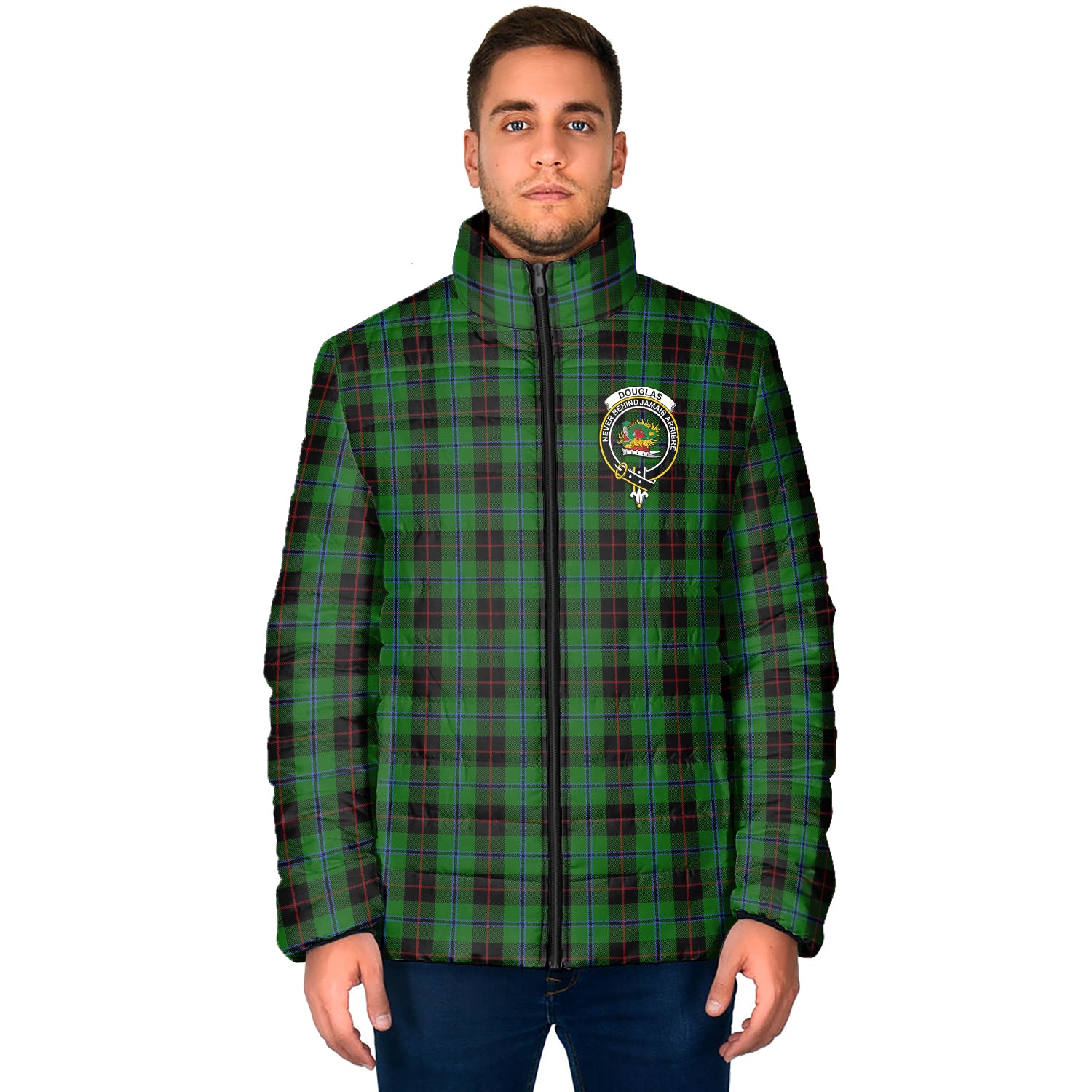 Douglas Black Tartan Padded Jacket with Family Crest - Tartan Vibes Clothing