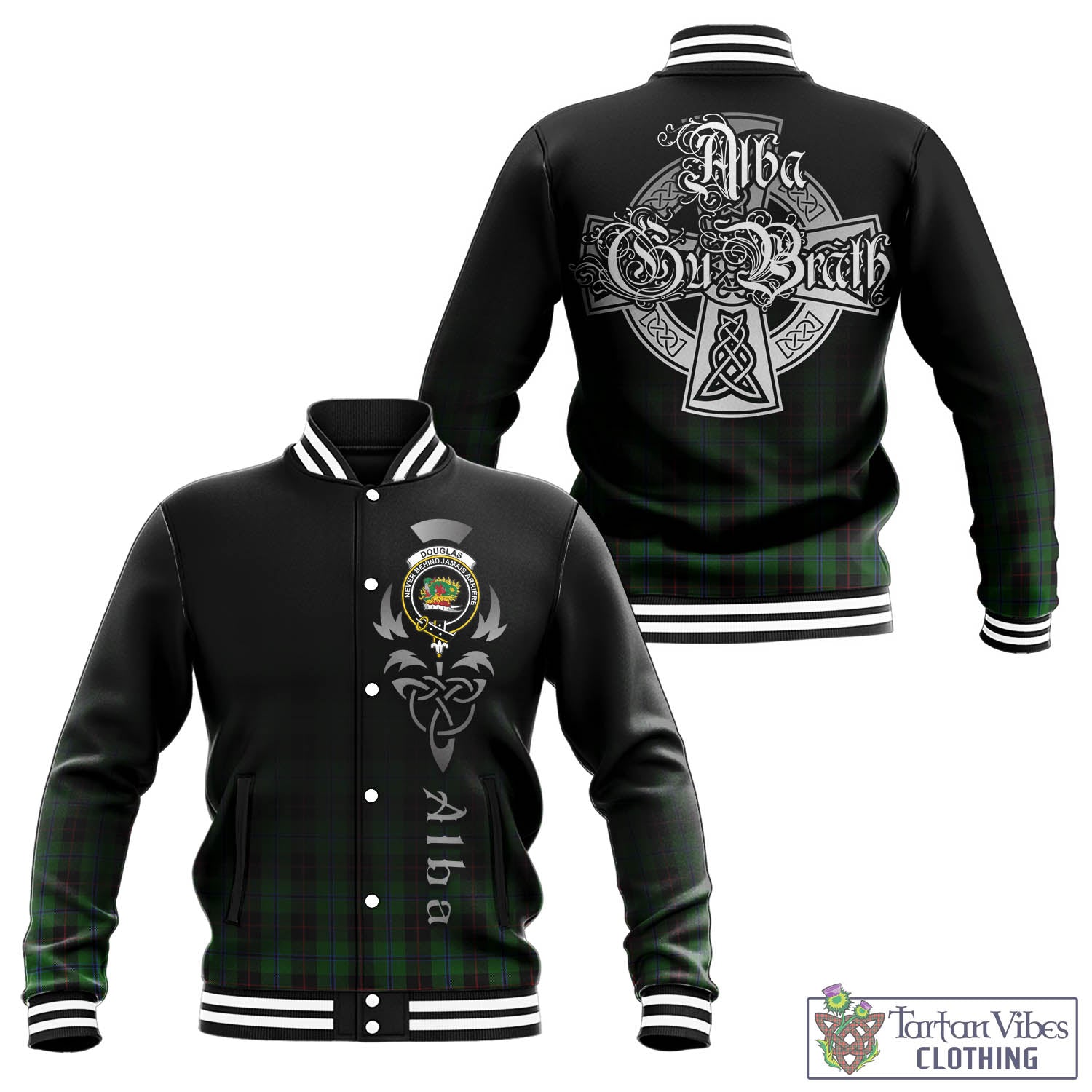 Tartan Vibes Clothing Douglas Black Tartan Baseball Jacket Featuring Alba Gu Brath Family Crest Celtic Inspired