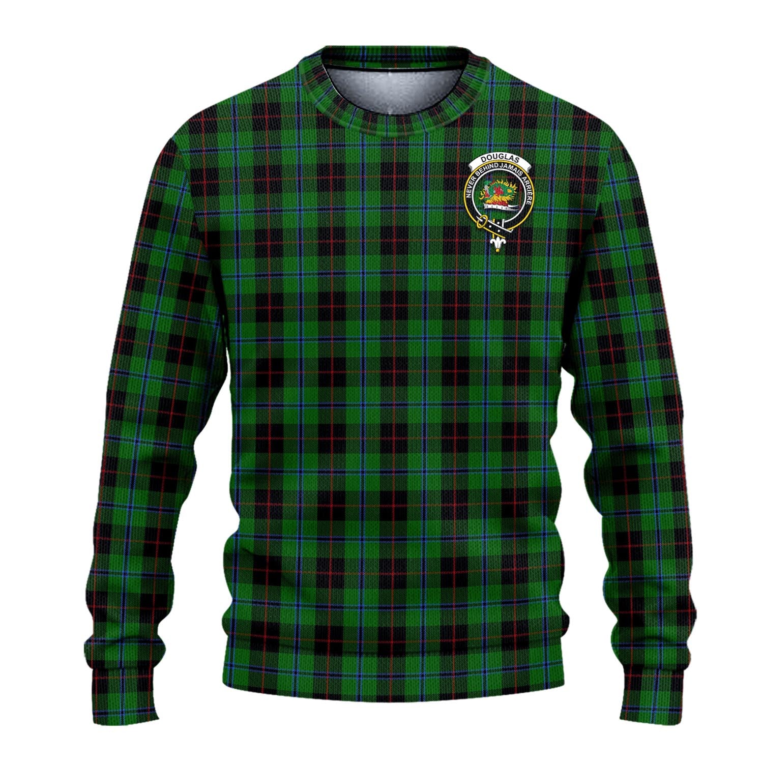 Douglas Black Tartan Knitted Sweater with Family Crest - Tartanvibesclothing