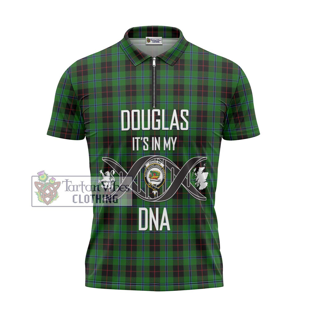 Douglas Black Tartan Zipper Polo Shirt with Family Crest DNA In Me Style - Tartanvibesclothing Shop