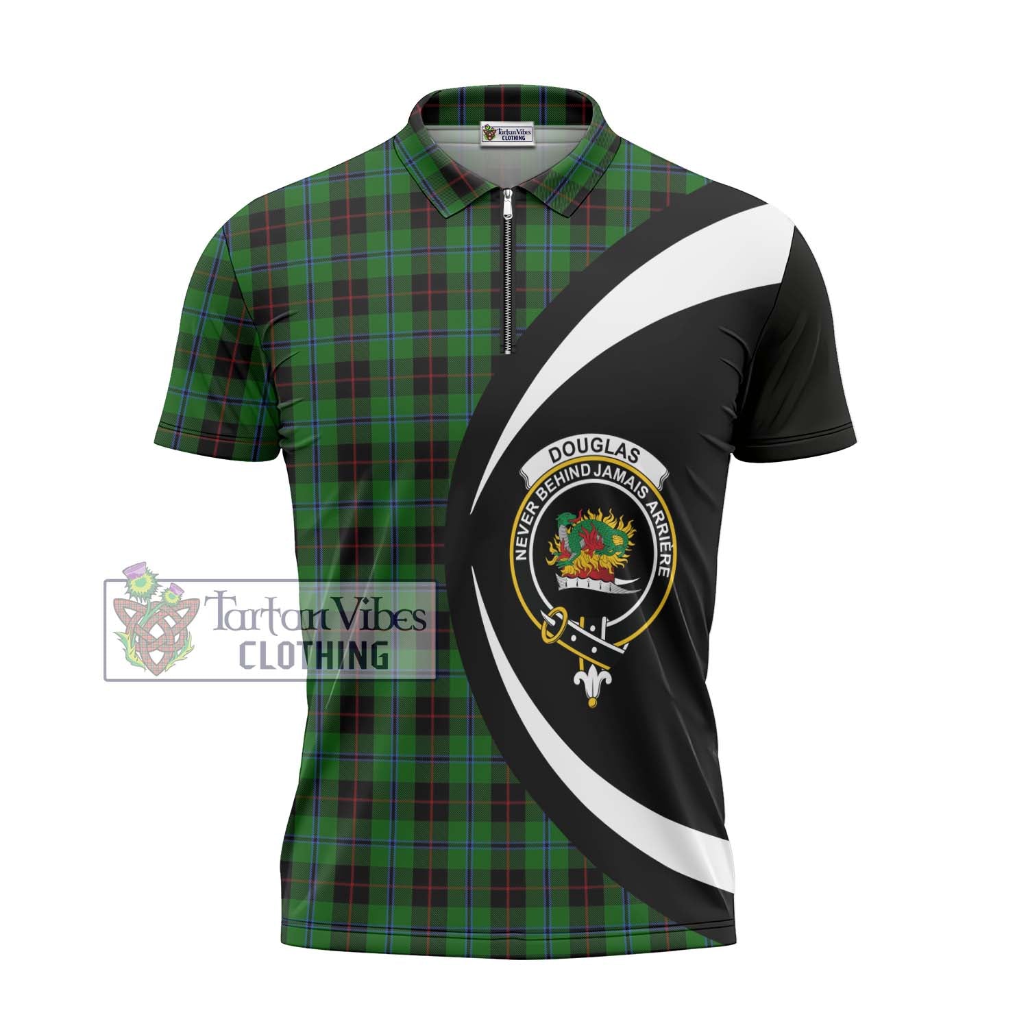 Tartan Vibes Clothing Douglas Black Tartan Zipper Polo Shirt with Family Crest Circle Style