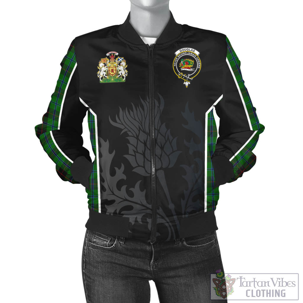 Tartan Vibes Clothing Douglas Black Tartan Bomber Jacket with Family Crest and Scottish Thistle Vibes Sport Style