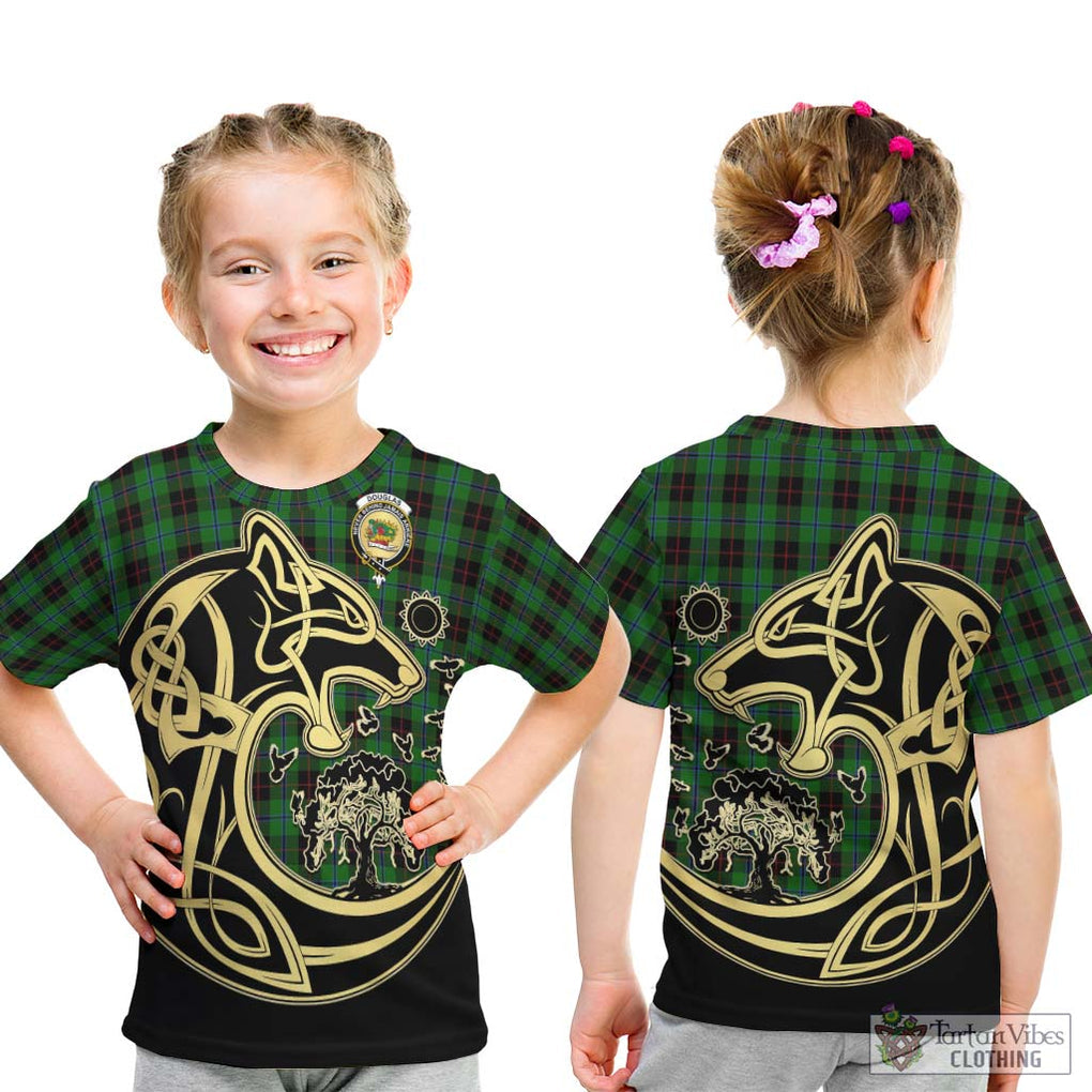 Douglas Black Tartan Kid T-Shirt with Family Crest Celtic Wolf Style - Tartan Vibes Clothing