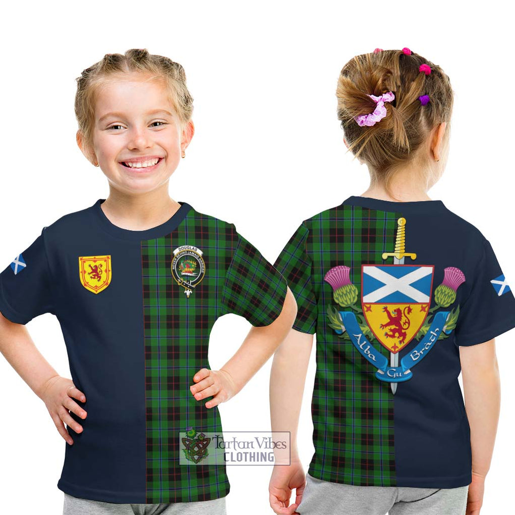 Tartan Vibes Clothing Douglas Black Tartan Kid T-Shirt with Scottish Lion Royal Arm Half Style