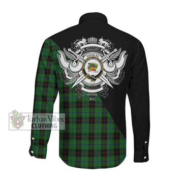 Douglas Black Tartan Long Sleeve Button Shirt with Family Crest and Military Logo Style