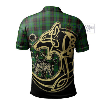 Douglas Black Tartan Polo Shirt with Family Crest Celtic Wolf Style