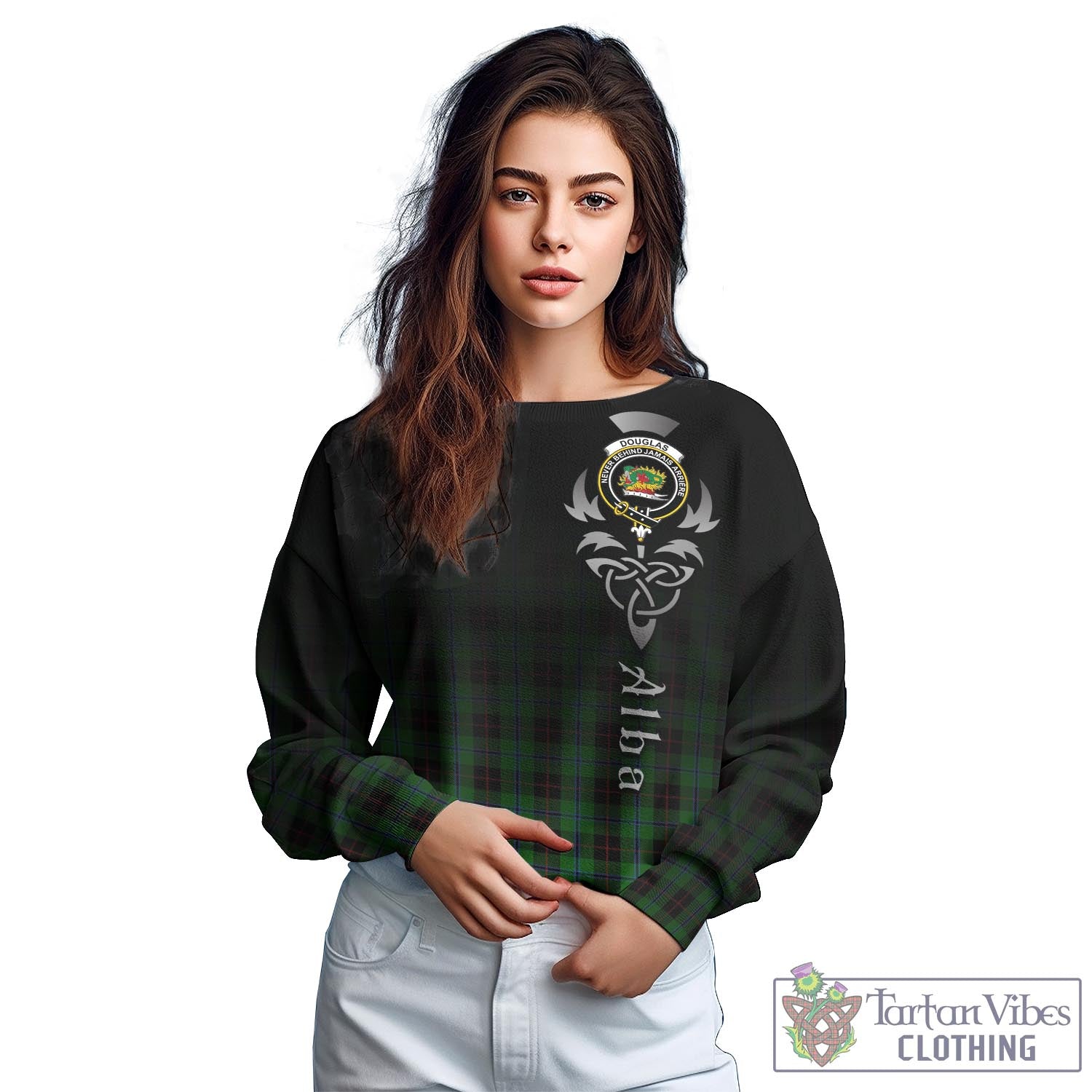 Tartan Vibes Clothing Douglas Black Tartan Sweatshirt Featuring Alba Gu Brath Family Crest Celtic Inspired