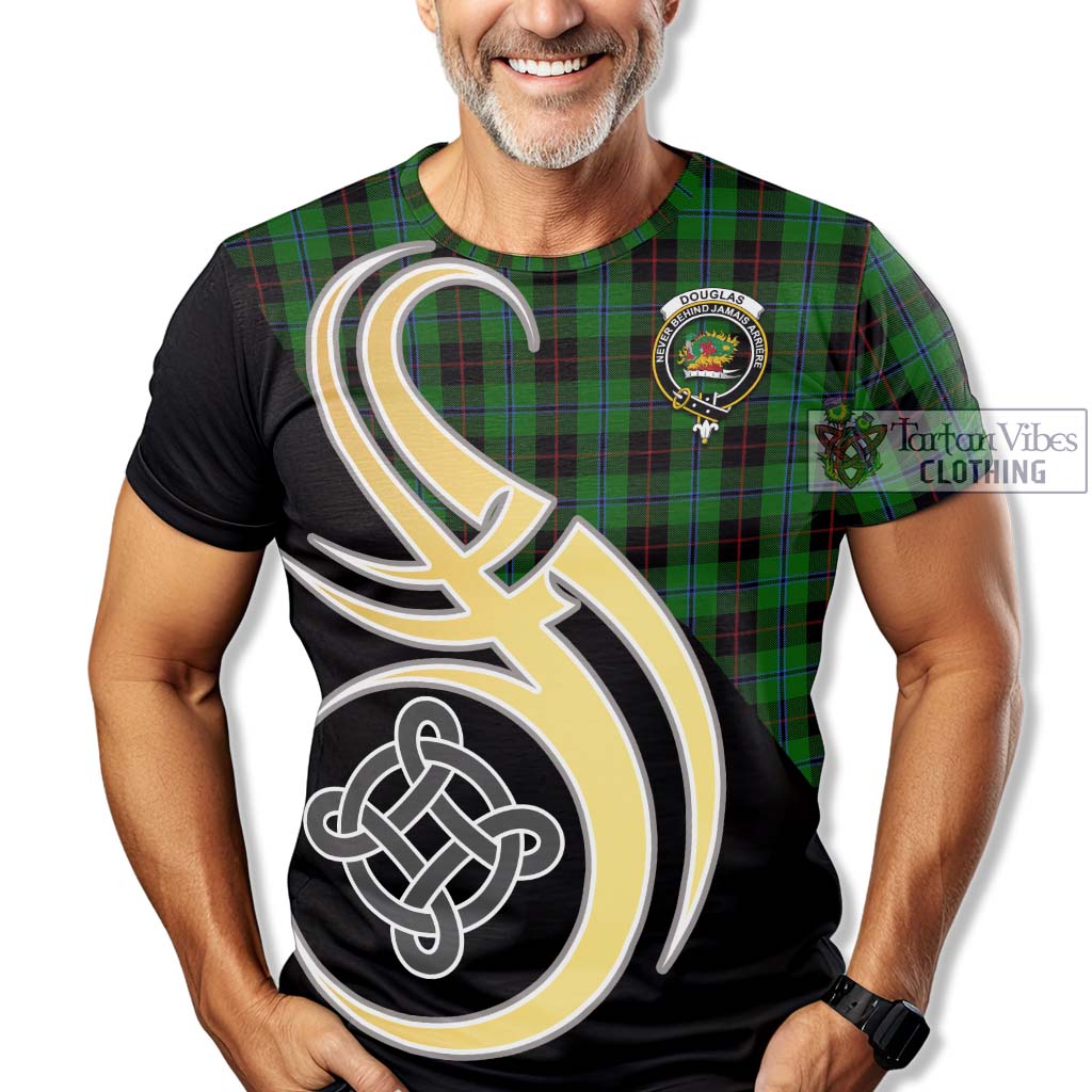 Tartan Vibes Clothing Douglas Black Tartan T-Shirt with Family Crest and Celtic Symbol Style