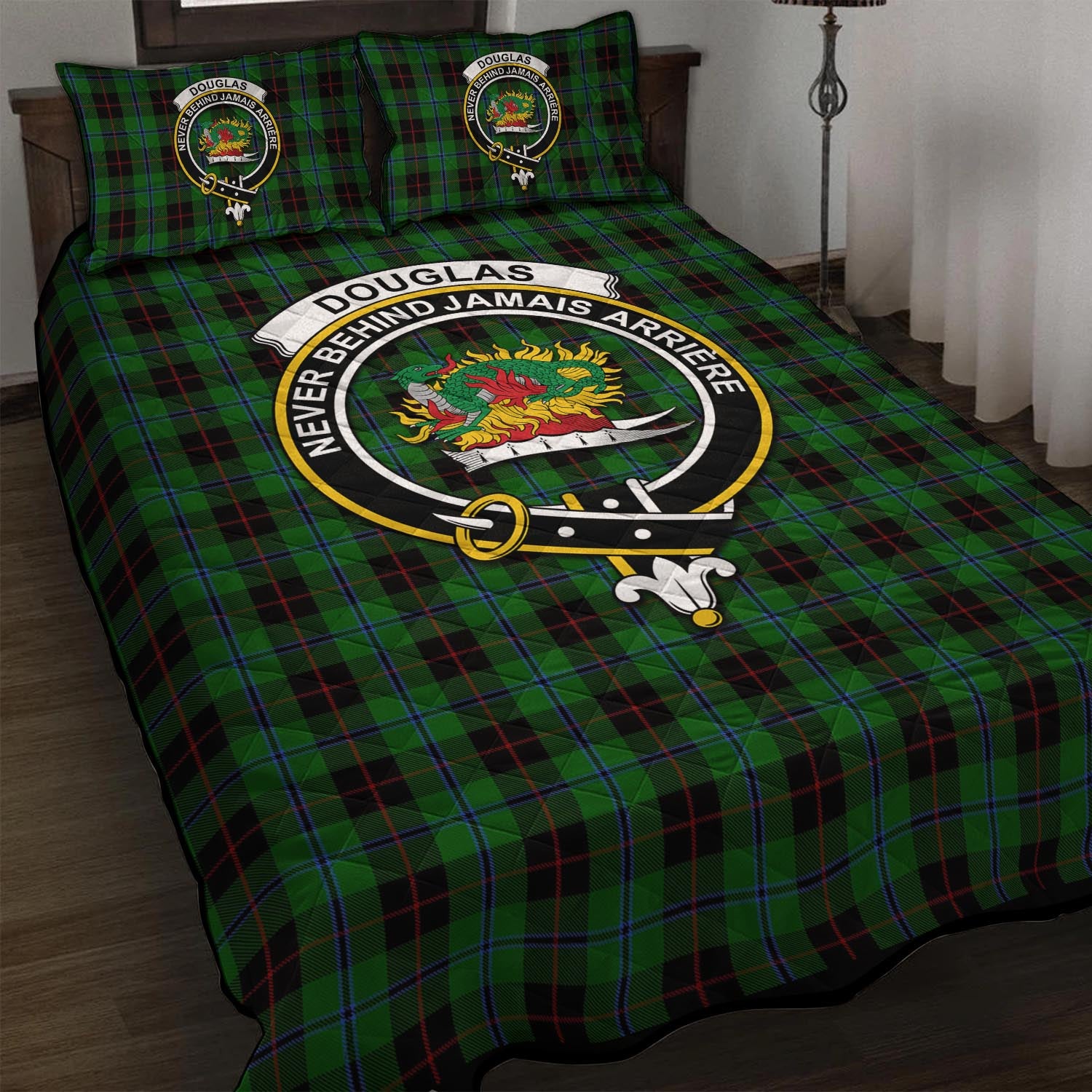 Douglas Black Tartan Quilt Bed Set with Family Crest - Tartan Vibes Clothing