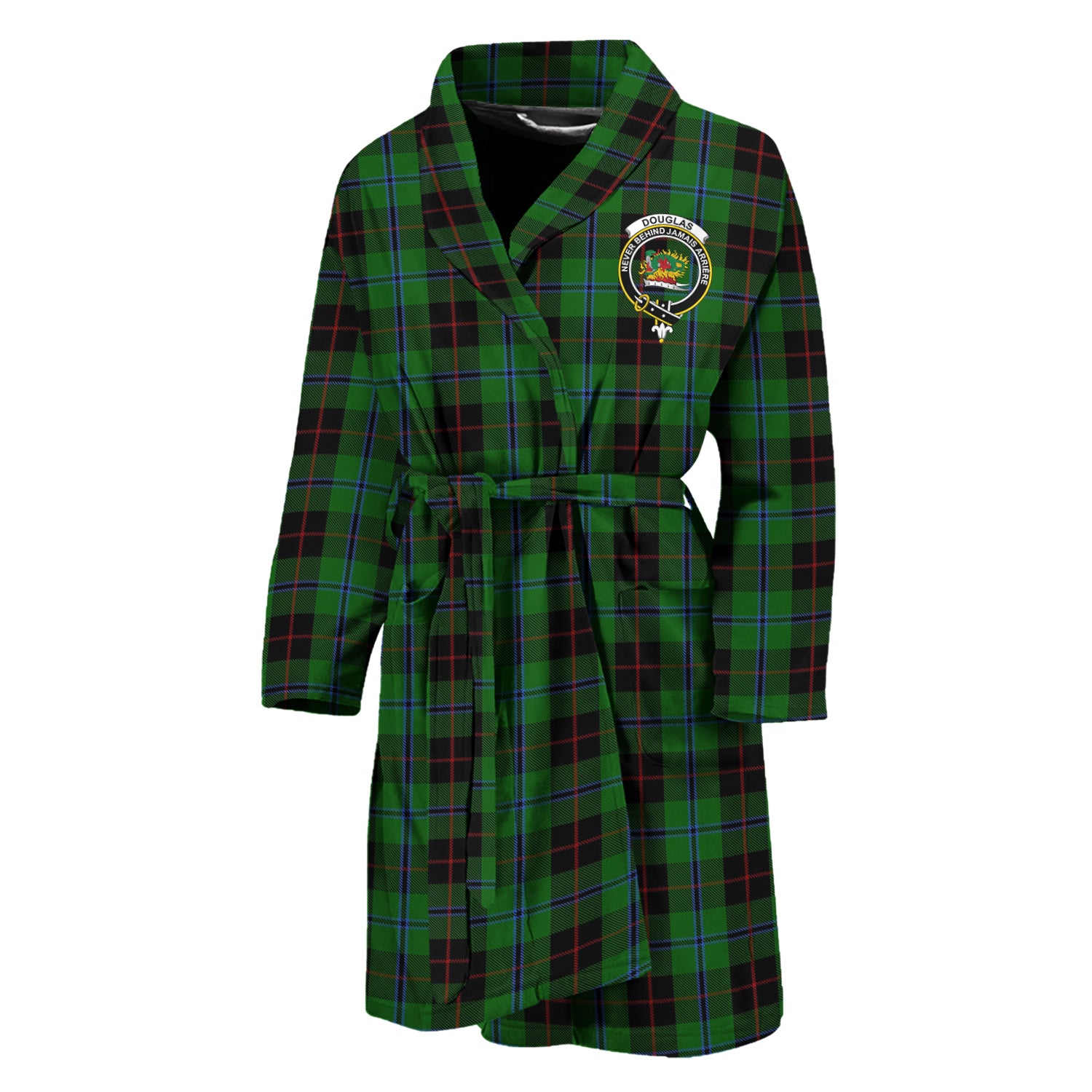 Douglas Black Tartan Bathrobe with Family Crest Unisex M - Tartan Vibes Clothing