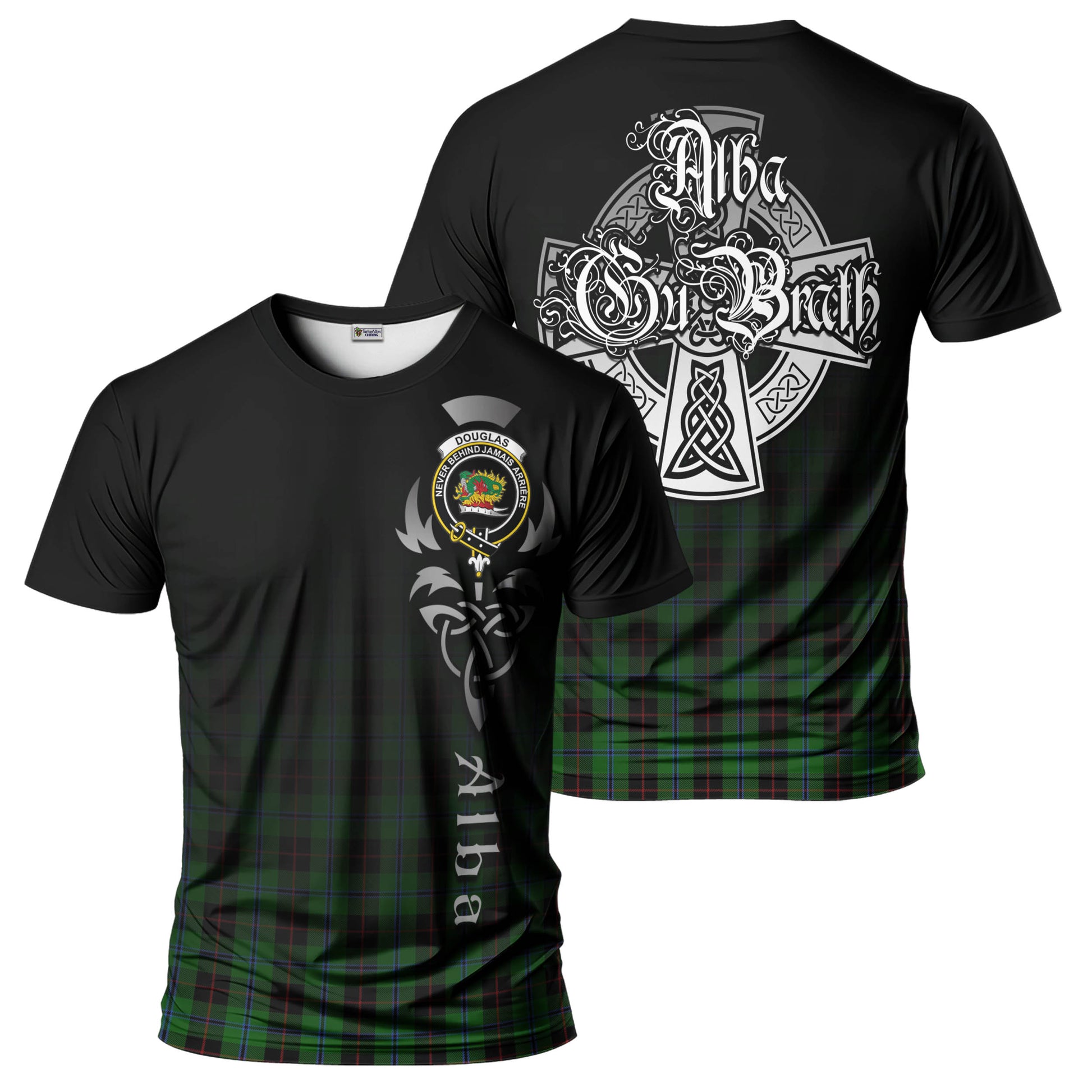 Tartan Vibes Clothing Douglas Black Tartan T-Shirt Featuring Alba Gu Brath Family Crest Celtic Inspired