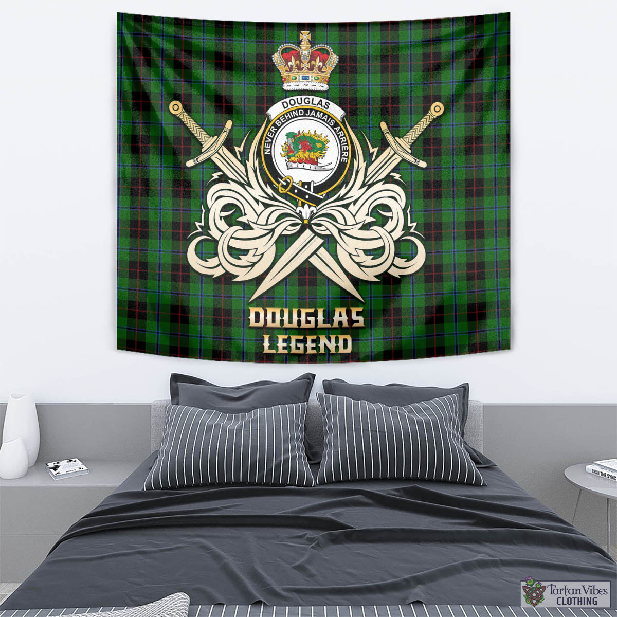 Tartan Vibes Clothing Douglas Black Tartan Tapestry with Clan Crest and the Golden Sword of Courageous Legacy