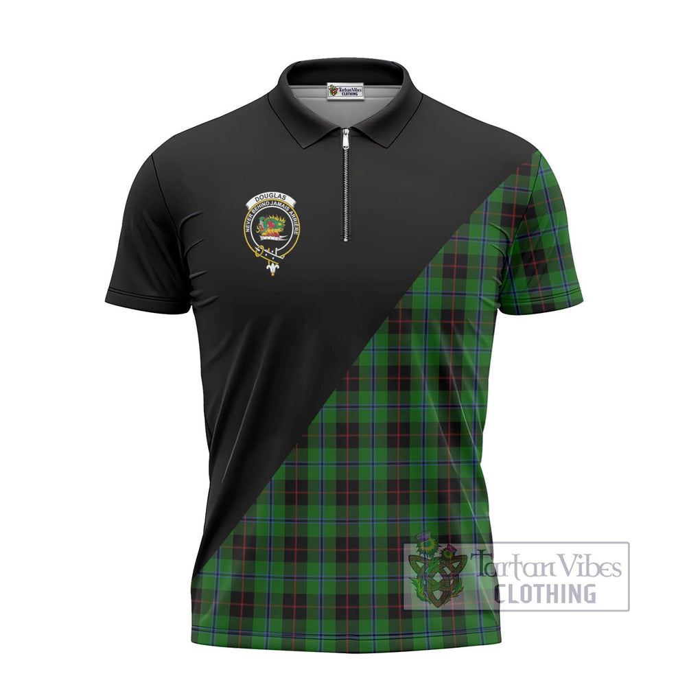 Douglas Black Tartan Zipper Polo Shirt with Family Crest and Military Logo Style - Tartanvibesclothing Shop