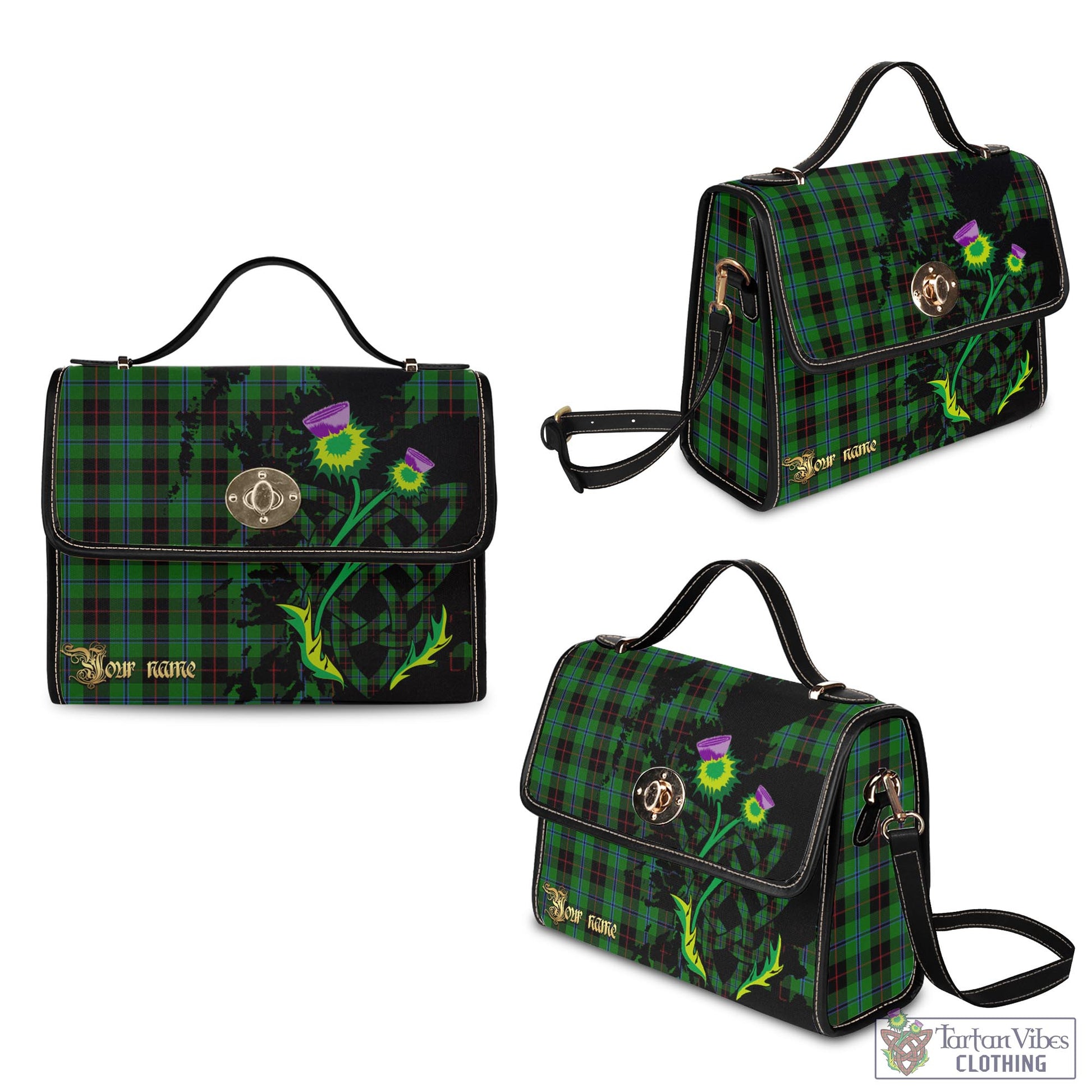 Tartan Vibes Clothing Douglas Black Tartan Waterproof Canvas Bag with Scotland Map and Thistle Celtic Accents