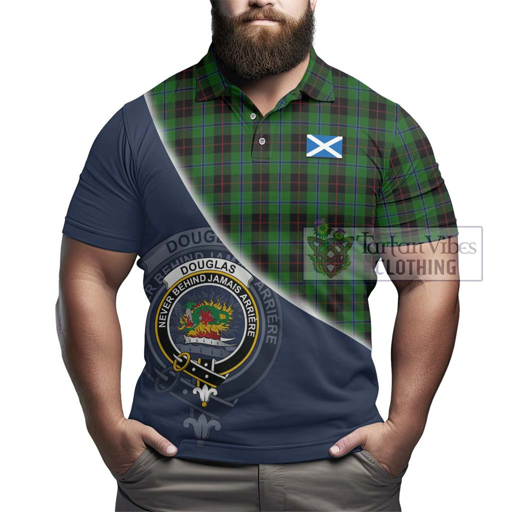 Douglas Black Tartan Polo Shirt with Personalised National Flag and Family Crest Half Style - Tartanvibesclothing Shop