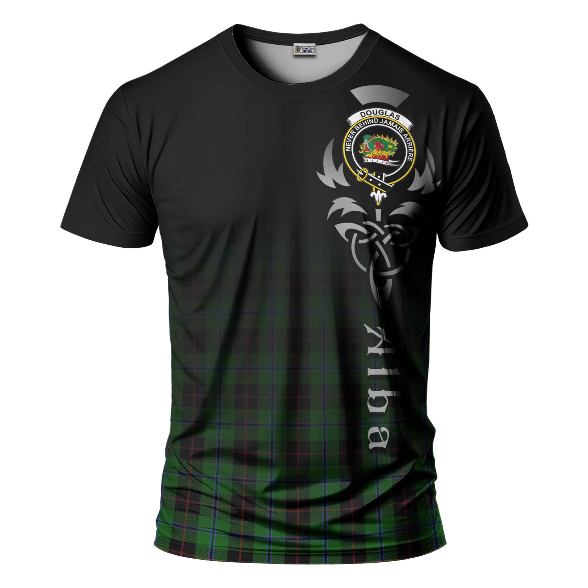 Tartan Vibes Clothing Douglas Black Tartan T-Shirt Featuring Alba Gu Brath Family Crest Celtic Inspired