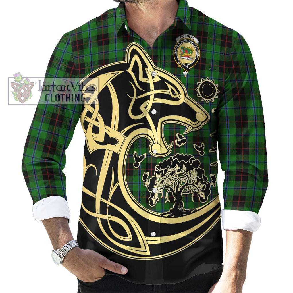 Douglas Black Tartan Long Sleeve Button Shirt with Family Crest Celtic Wolf Style - Tartan Vibes Clothing