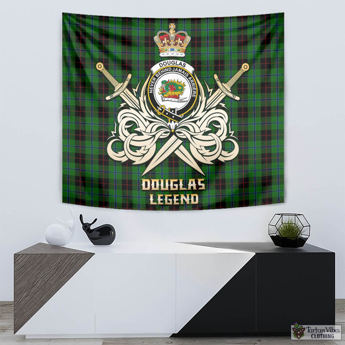 Tartan Vibes Clothing Douglas Black Tartan Tapestry with Clan Crest and the Golden Sword of Courageous Legacy