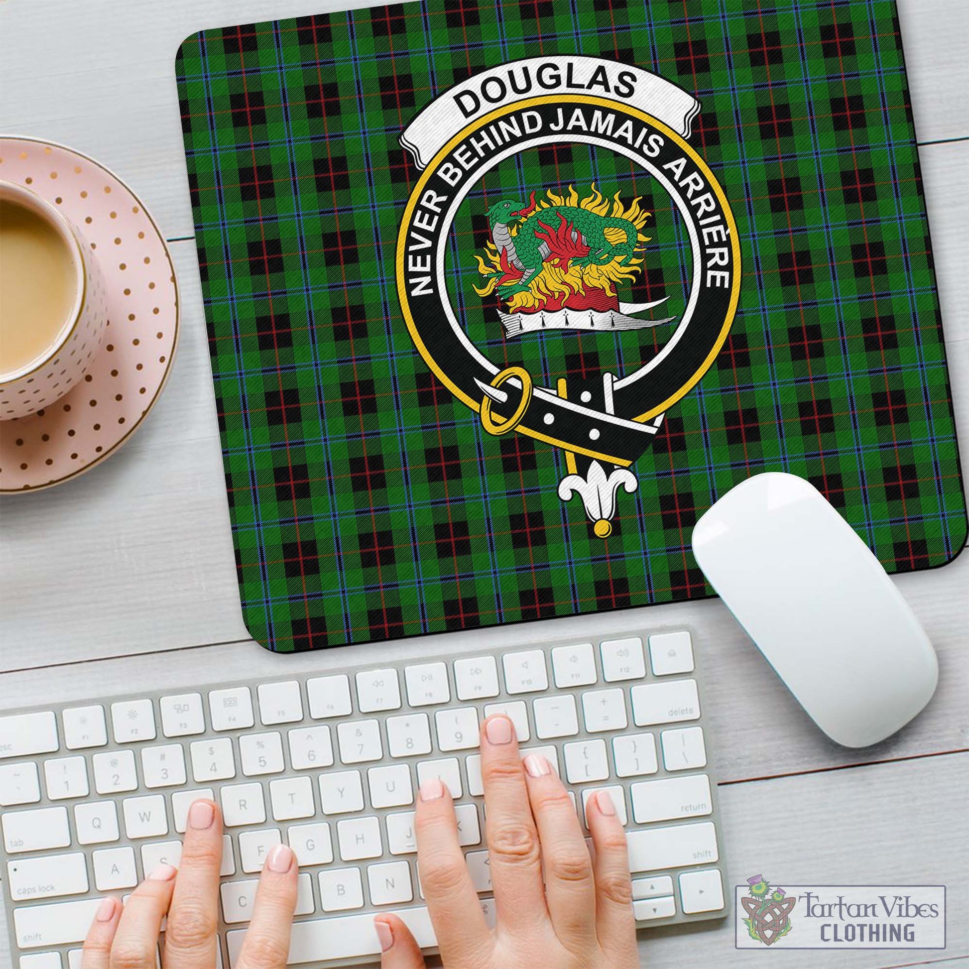 Tartan Vibes Clothing Douglas Black Tartan Mouse Pad with Family Crest