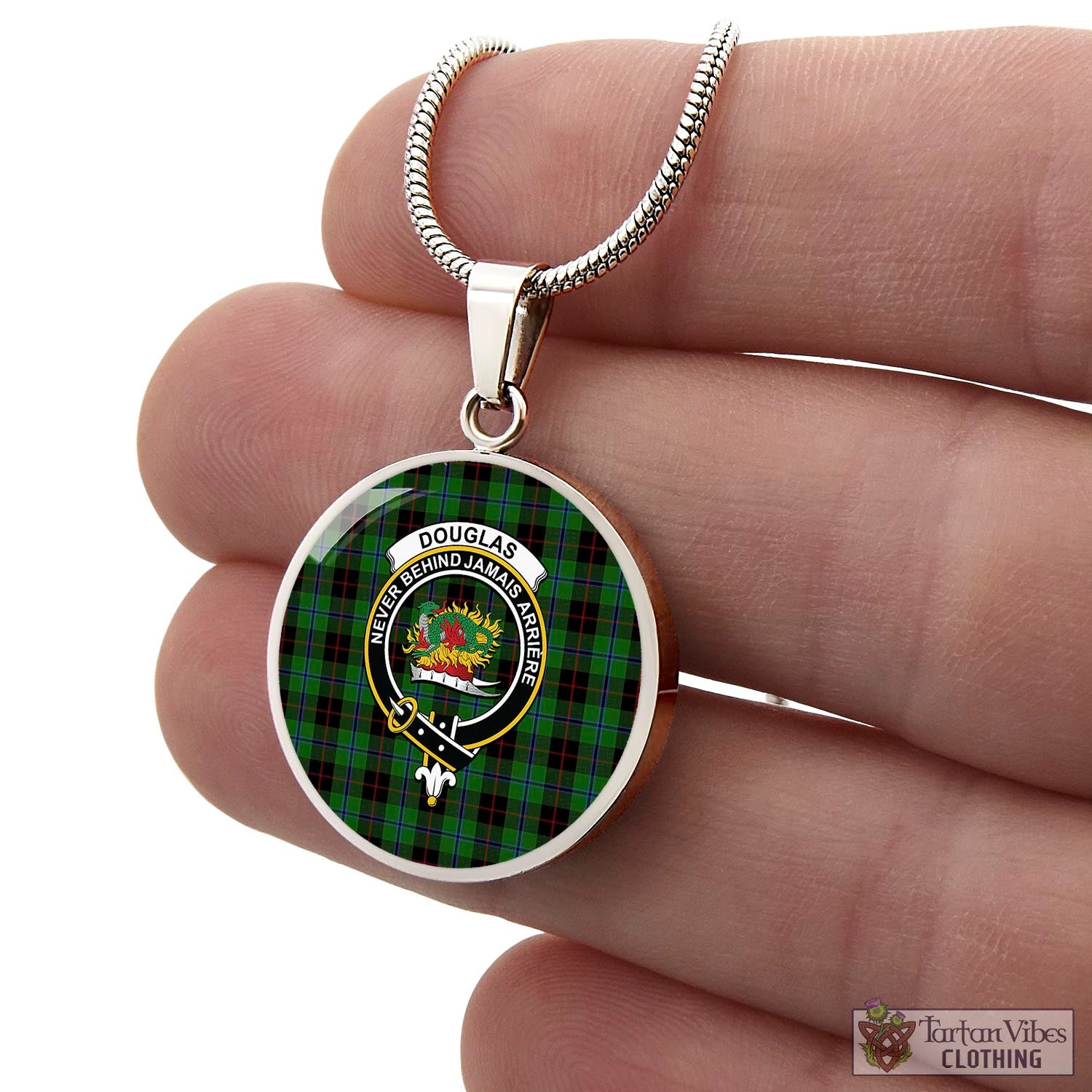 Tartan Vibes Clothing Douglas Black Tartan Circle Necklace with Family Crest