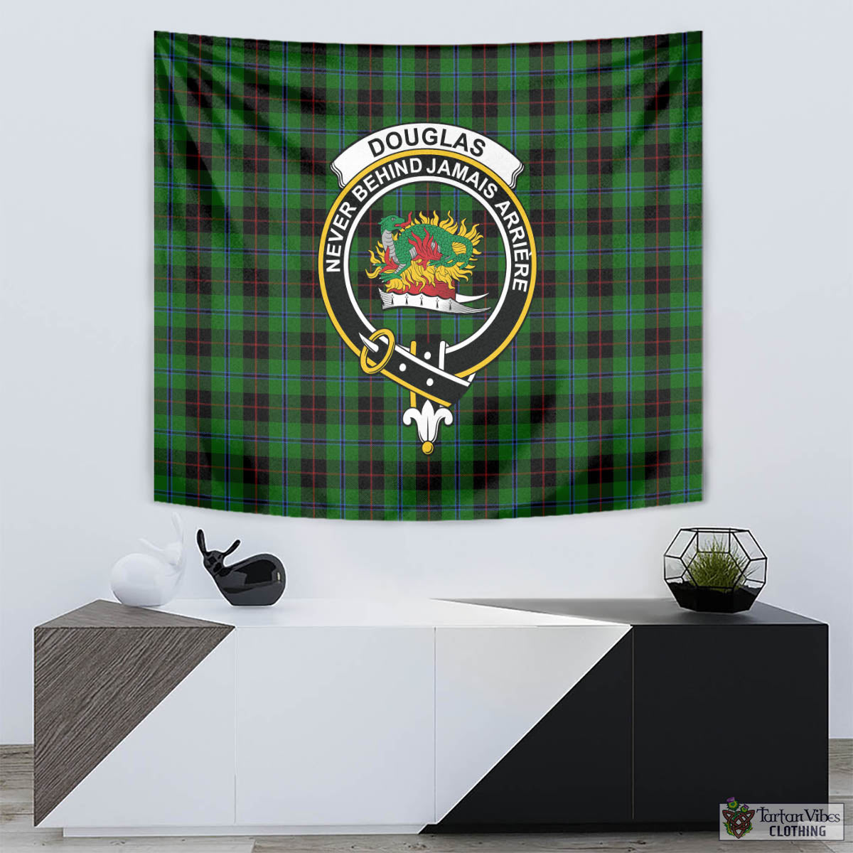 Tartan Vibes Clothing Douglas Black Tartan Tapestry Wall Hanging and Home Decor for Room with Family Crest