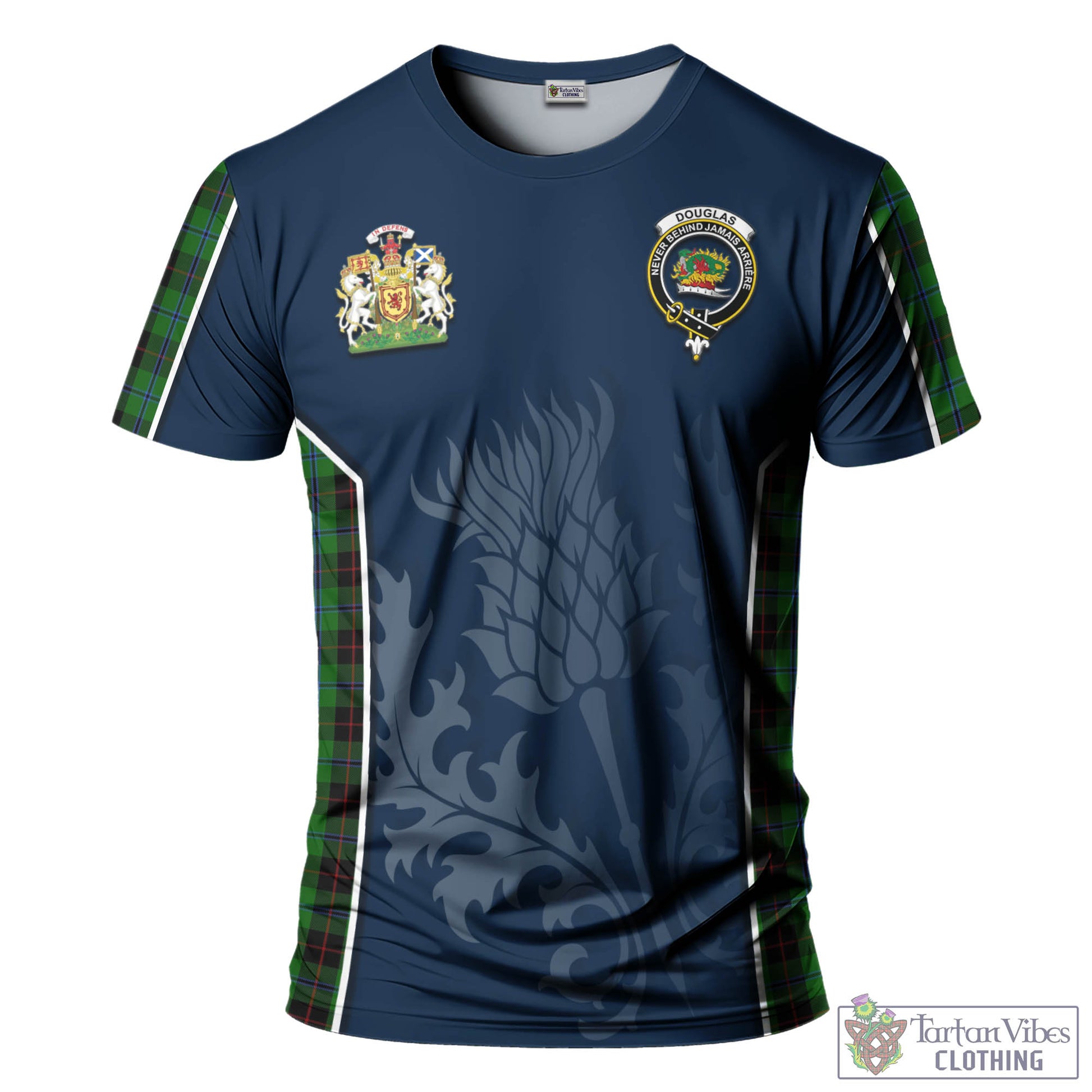 Tartan Vibes Clothing Douglas Black Tartan T-Shirt with Family Crest and Scottish Thistle Vibes Sport Style