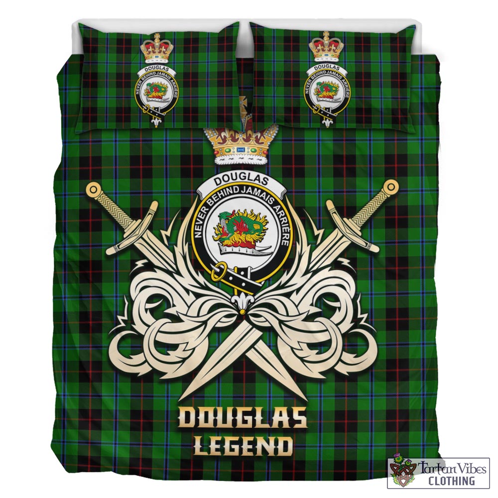 Tartan Vibes Clothing Douglas Black Tartan Bedding Set with Clan Crest and the Golden Sword of Courageous Legacy