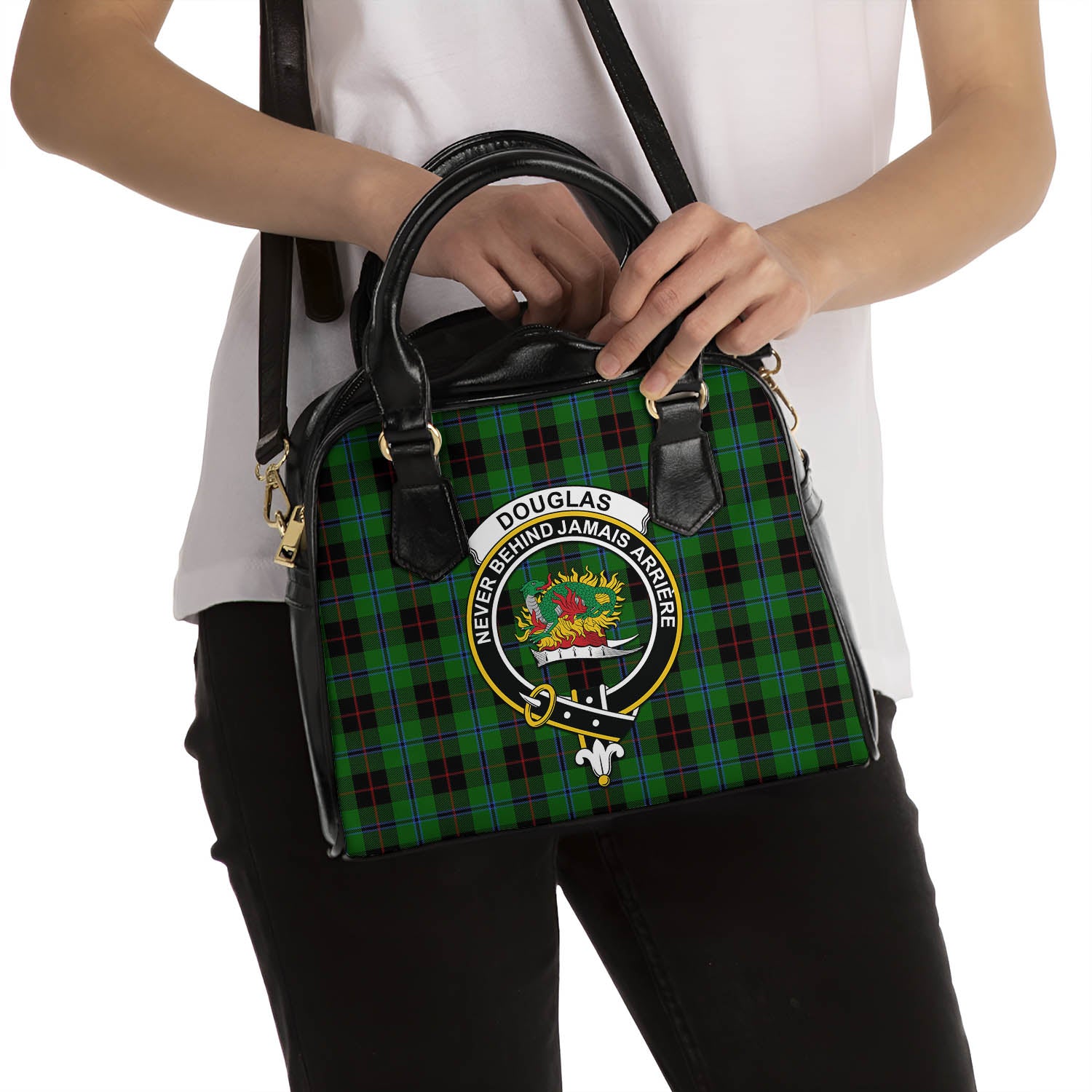 Douglas Black Tartan Shoulder Handbags with Family Crest - Tartanvibesclothing