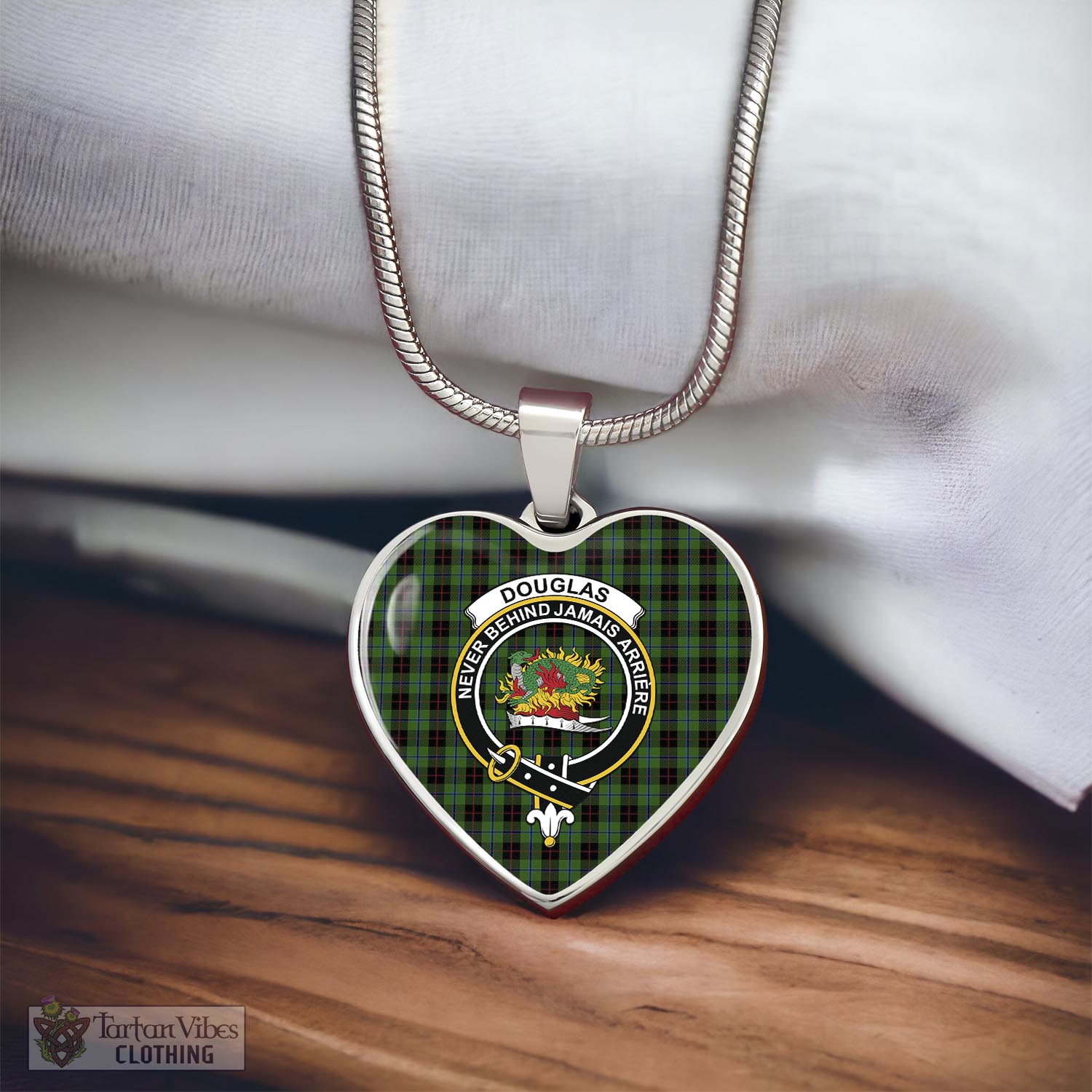 Tartan Vibes Clothing Douglas Black Tartan Heart Necklace with Family Crest