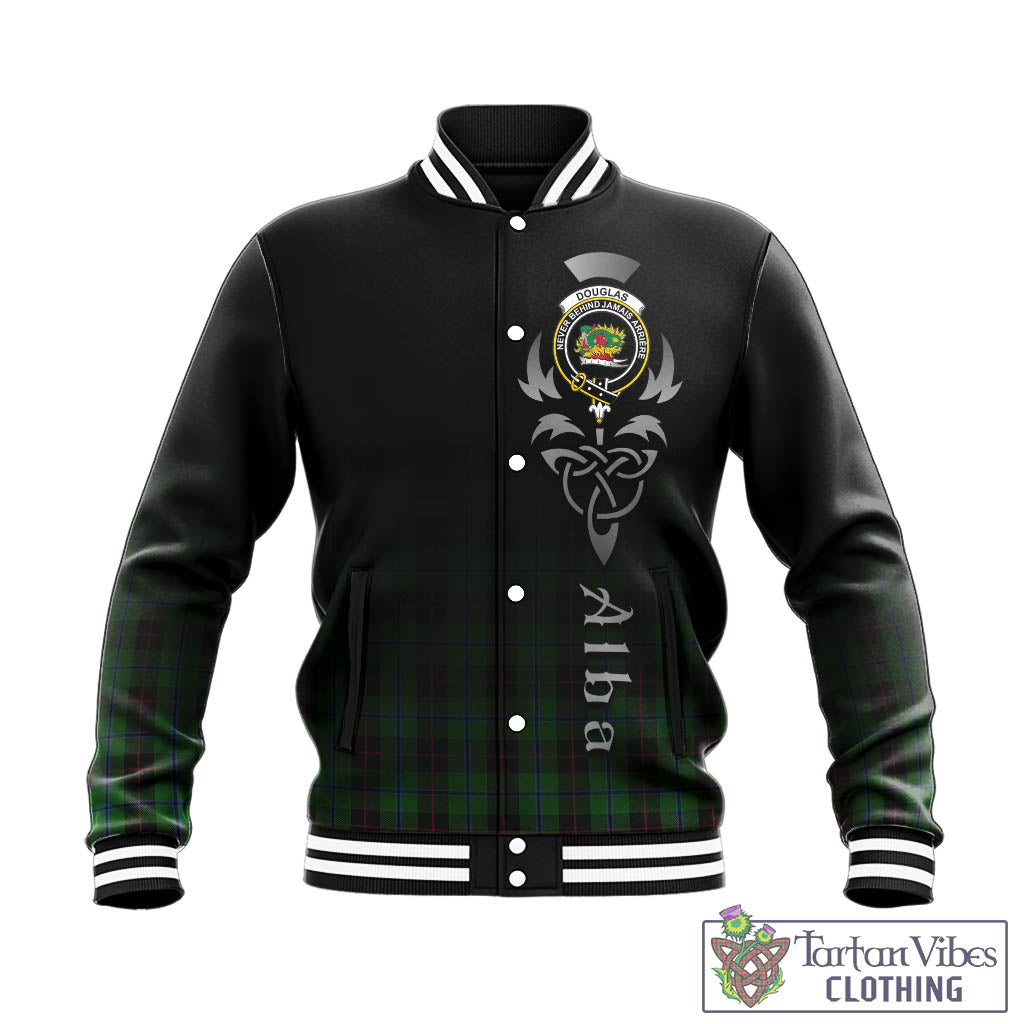 Tartan Vibes Clothing Douglas Black Tartan Baseball Jacket Featuring Alba Gu Brath Family Crest Celtic Inspired