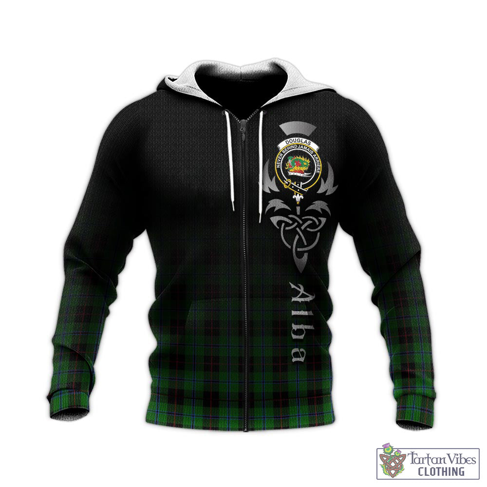 Tartan Vibes Clothing Douglas Black Tartan Knitted Hoodie Featuring Alba Gu Brath Family Crest Celtic Inspired