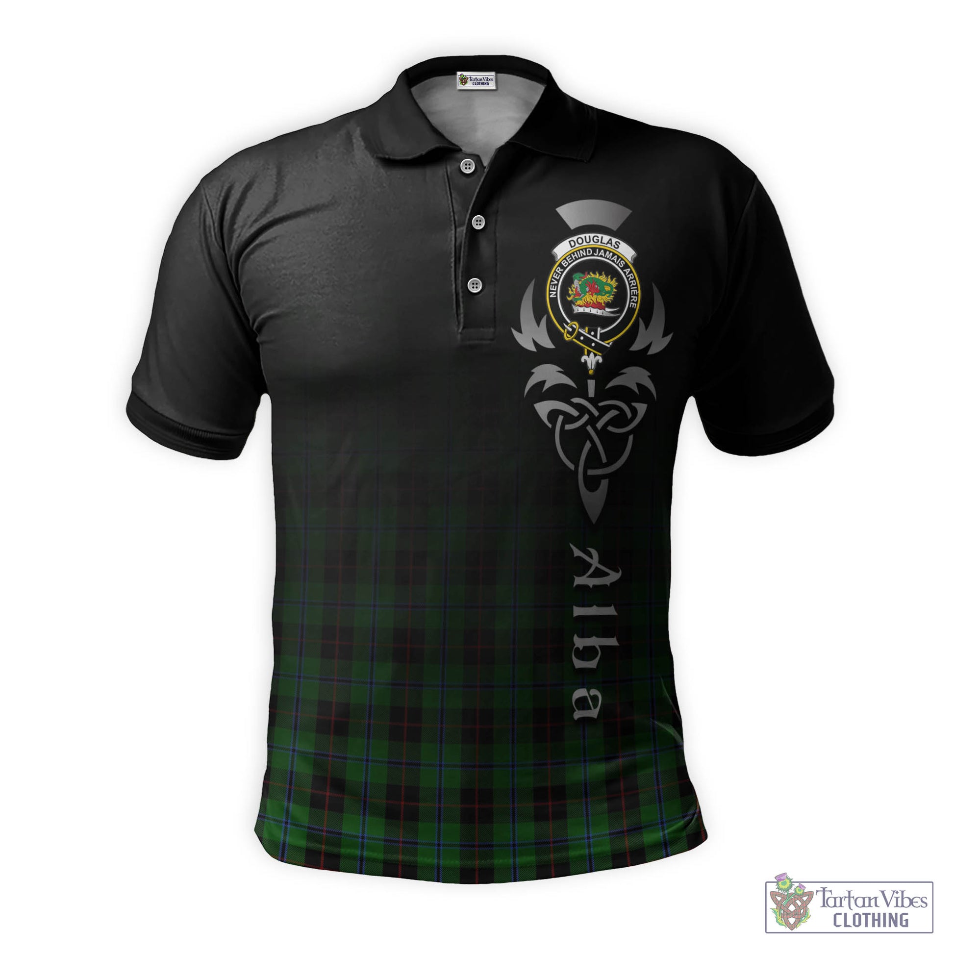 Tartan Vibes Clothing Douglas Black Tartan Polo Shirt Featuring Alba Gu Brath Family Crest Celtic Inspired