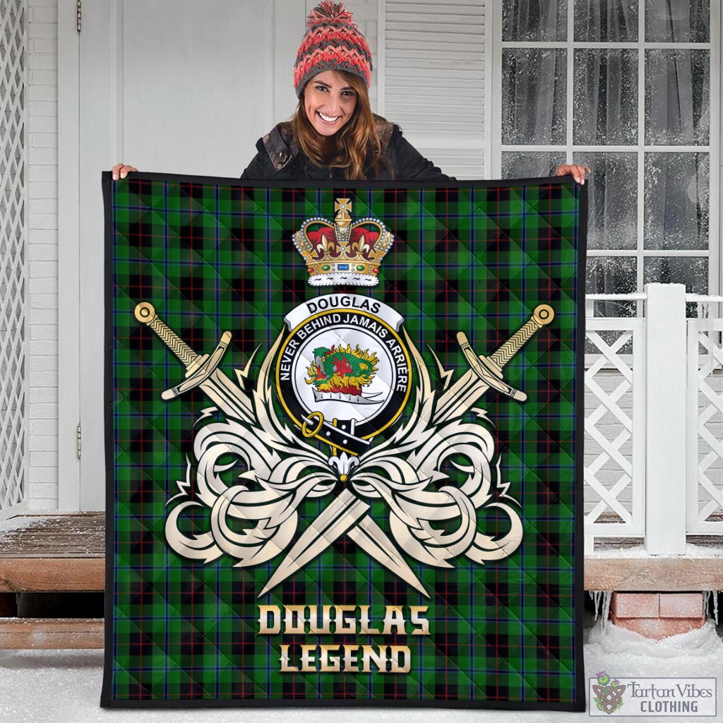 Tartan Vibes Clothing Douglas Black Tartan Quilt with Clan Crest and the Golden Sword of Courageous Legacy