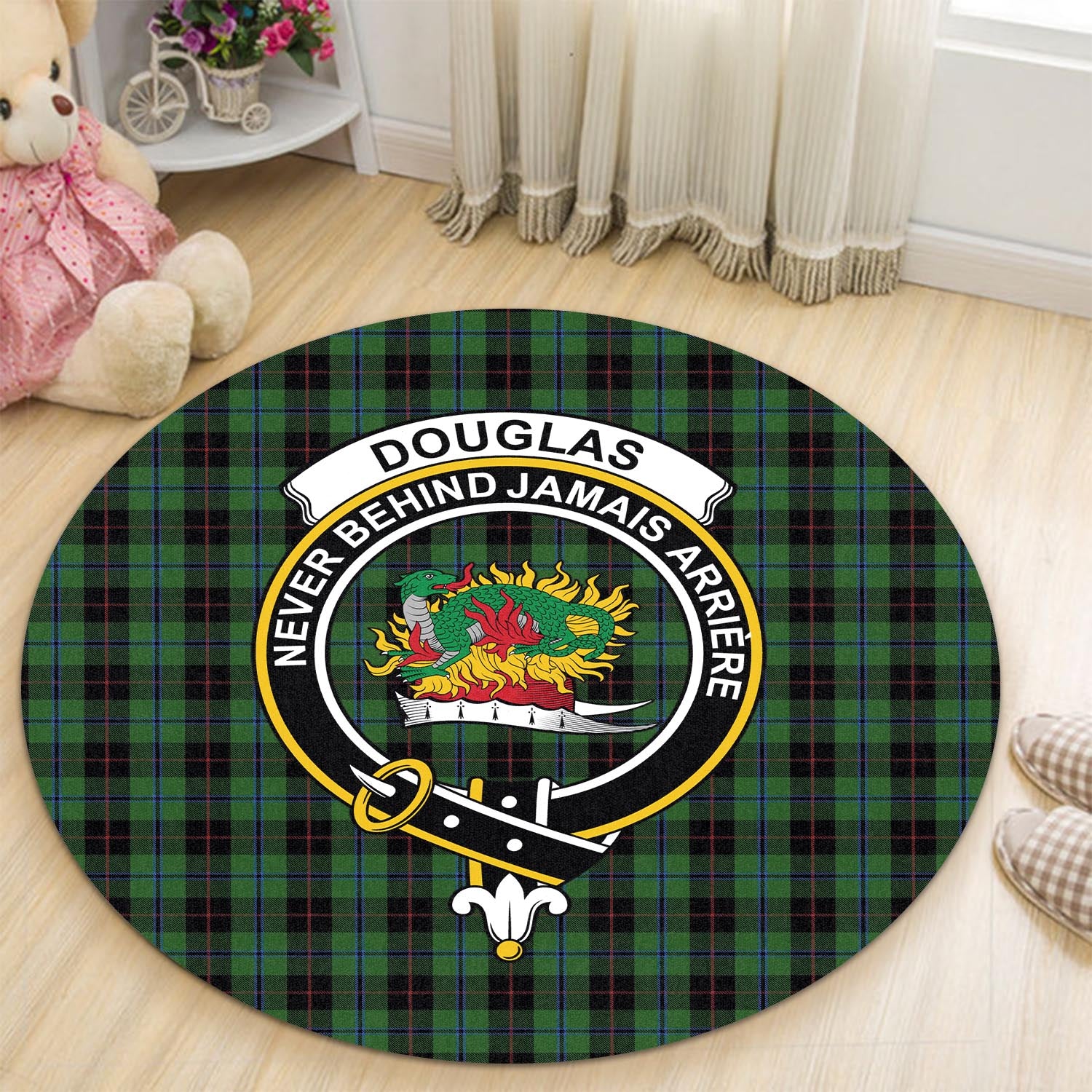 Douglas Black Tartan Round Rug with Family Crest - Tartanvibesclothing