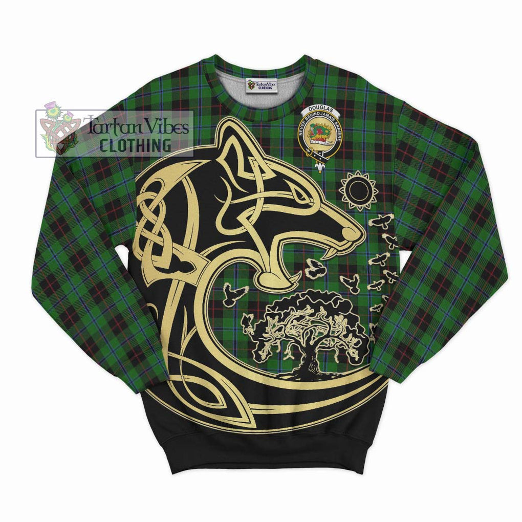 Douglas Black Tartan Sweatshirt with Family Crest Celtic Wolf Style - Tartan Vibes Clothing