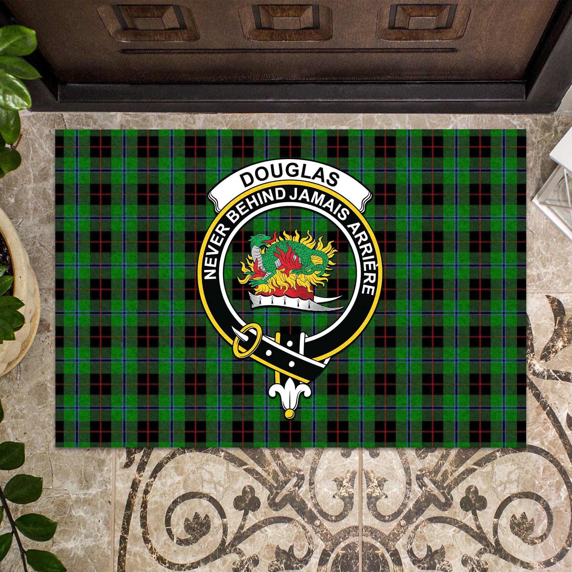 Douglas Black Tartan Door Mat with Family Crest - Tartanvibesclothing