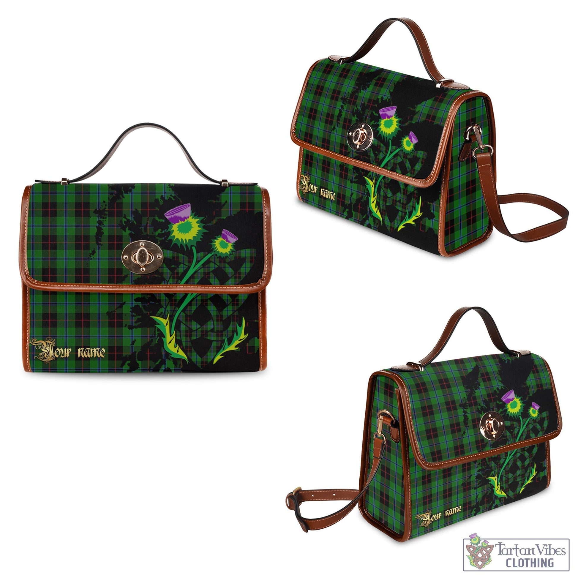 Tartan Vibes Clothing Douglas Black Tartan Waterproof Canvas Bag with Scotland Map and Thistle Celtic Accents