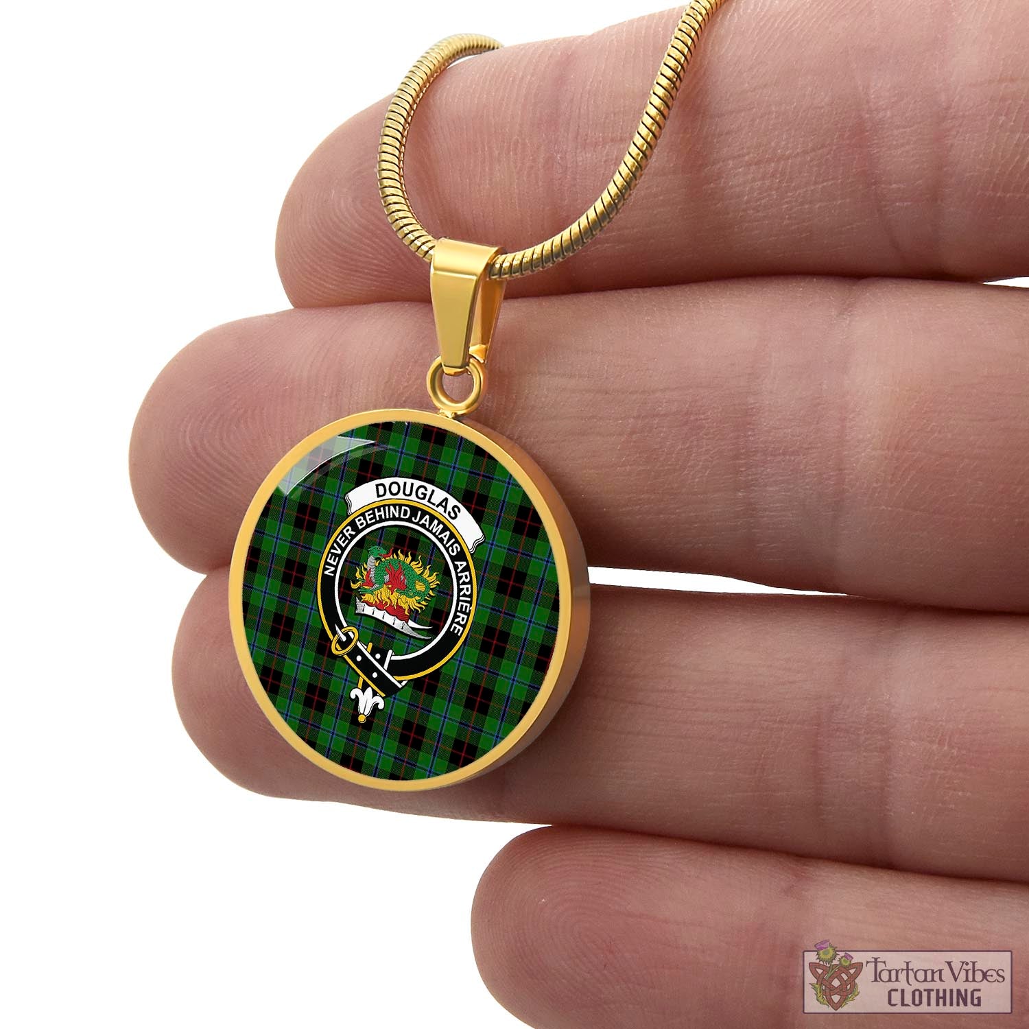 Tartan Vibes Clothing Douglas Black Tartan Circle Necklace with Family Crest