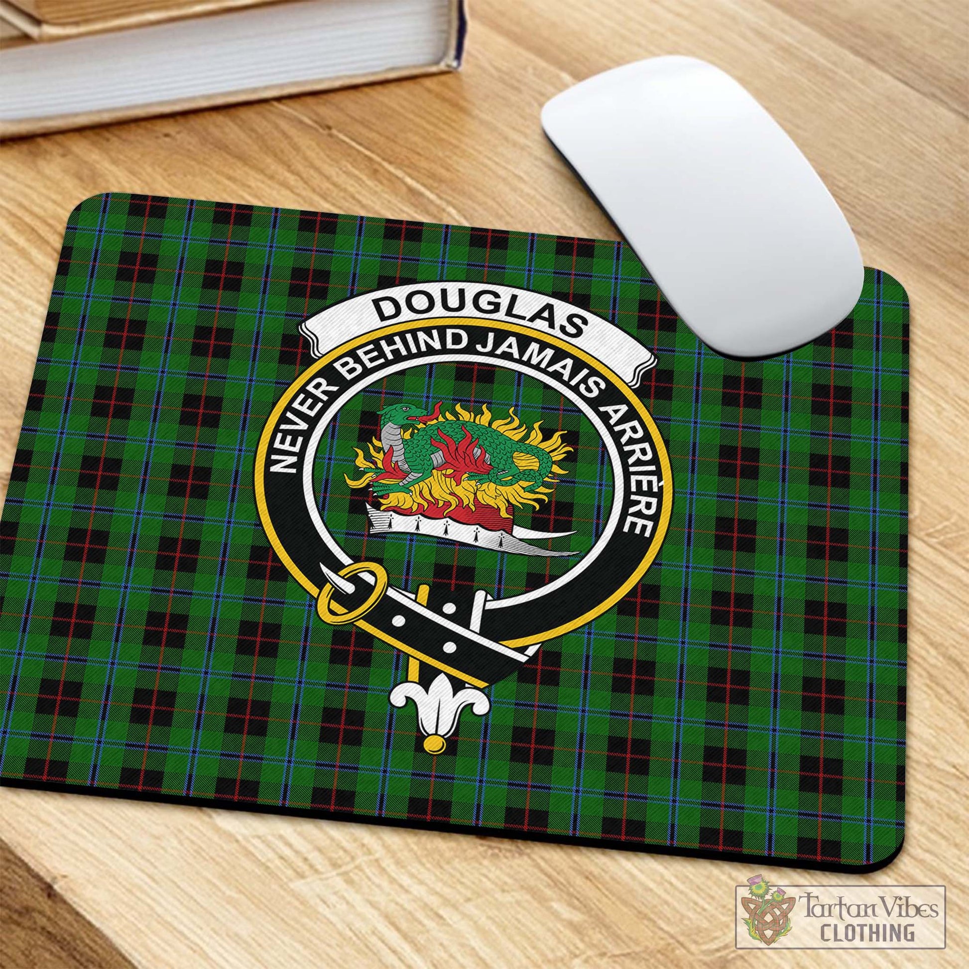 Tartan Vibes Clothing Douglas Black Tartan Mouse Pad with Family Crest