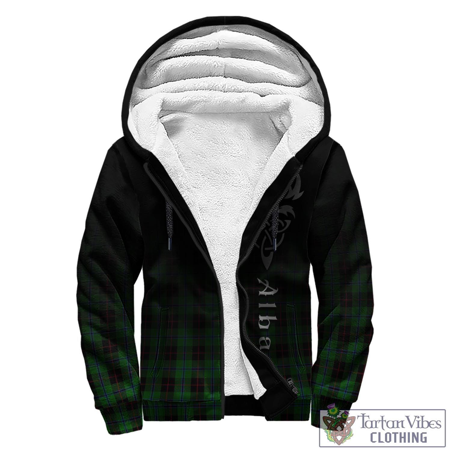 Tartan Vibes Clothing Douglas Black Tartan Sherpa Hoodie Featuring Alba Gu Brath Family Crest Celtic Inspired