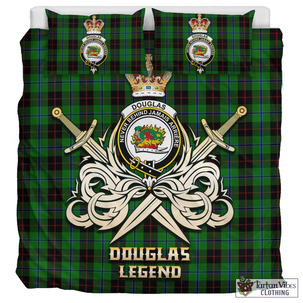 Tartan Vibes Clothing Douglas Black Tartan Bedding Set with Clan Crest and the Golden Sword of Courageous Legacy