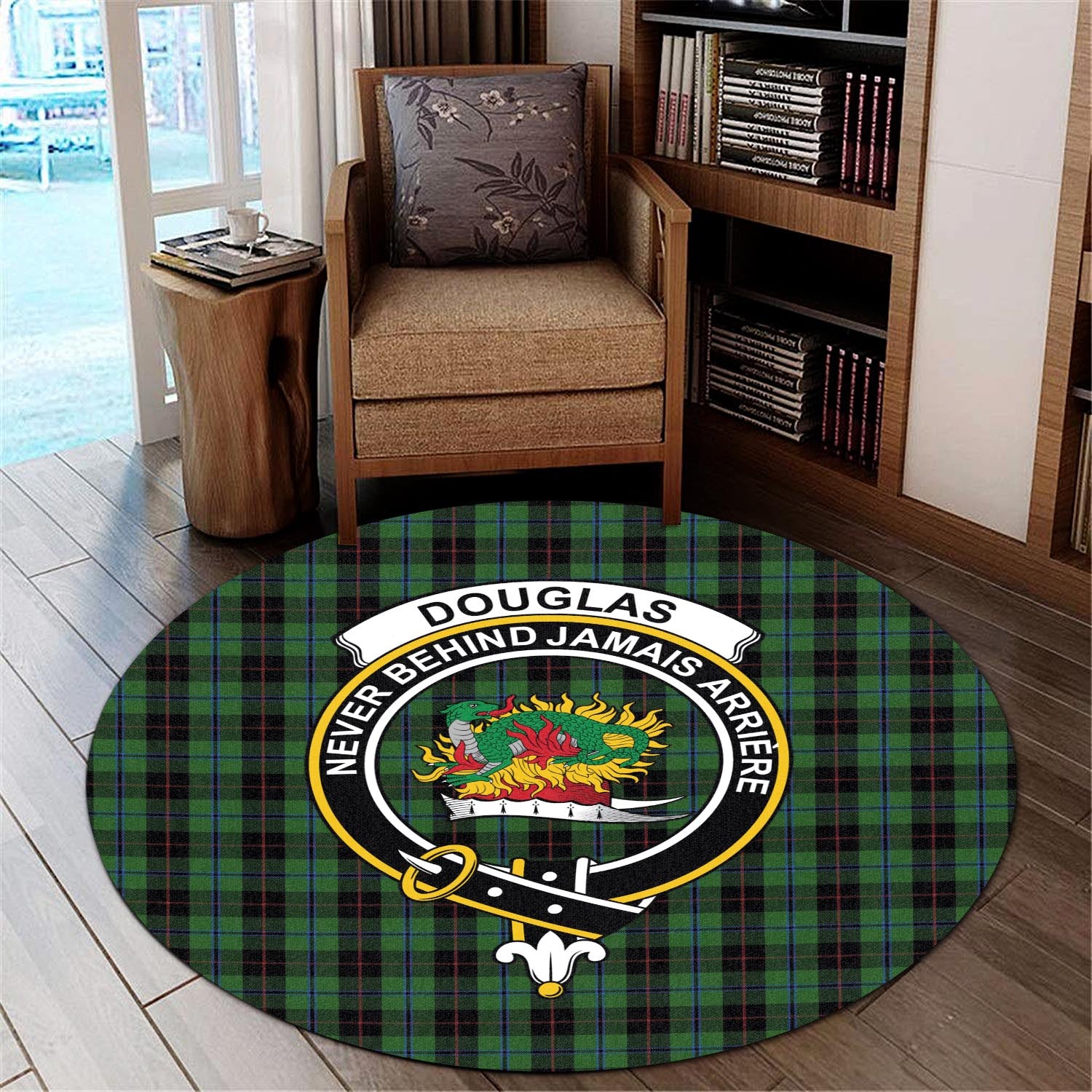 Douglas Black Tartan Round Rug with Family Crest - Tartanvibesclothing