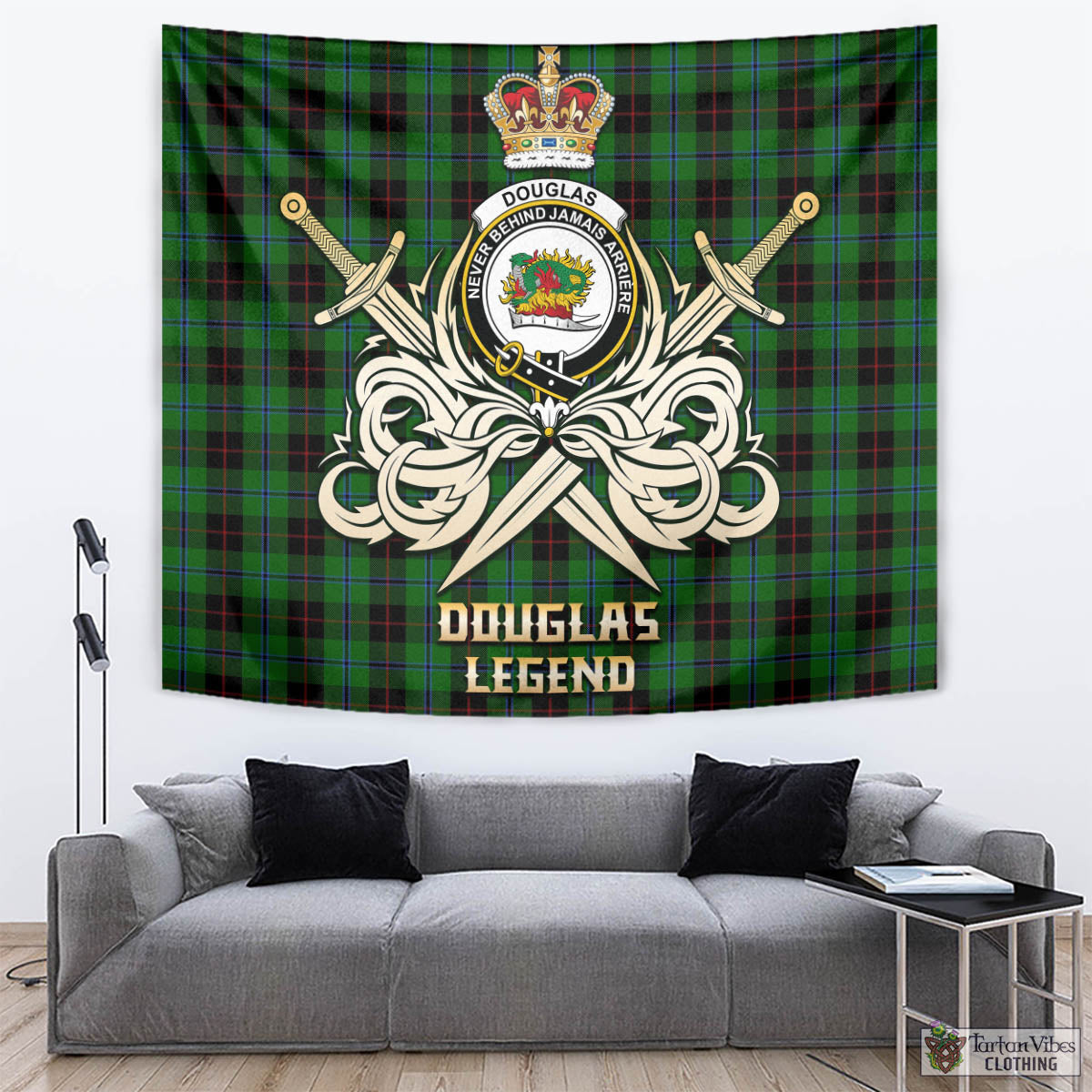 Tartan Vibes Clothing Douglas Black Tartan Tapestry with Clan Crest and the Golden Sword of Courageous Legacy