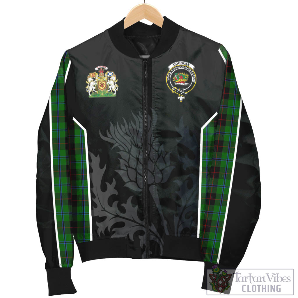 Tartan Vibes Clothing Douglas Black Tartan Bomber Jacket with Family Crest and Scottish Thistle Vibes Sport Style