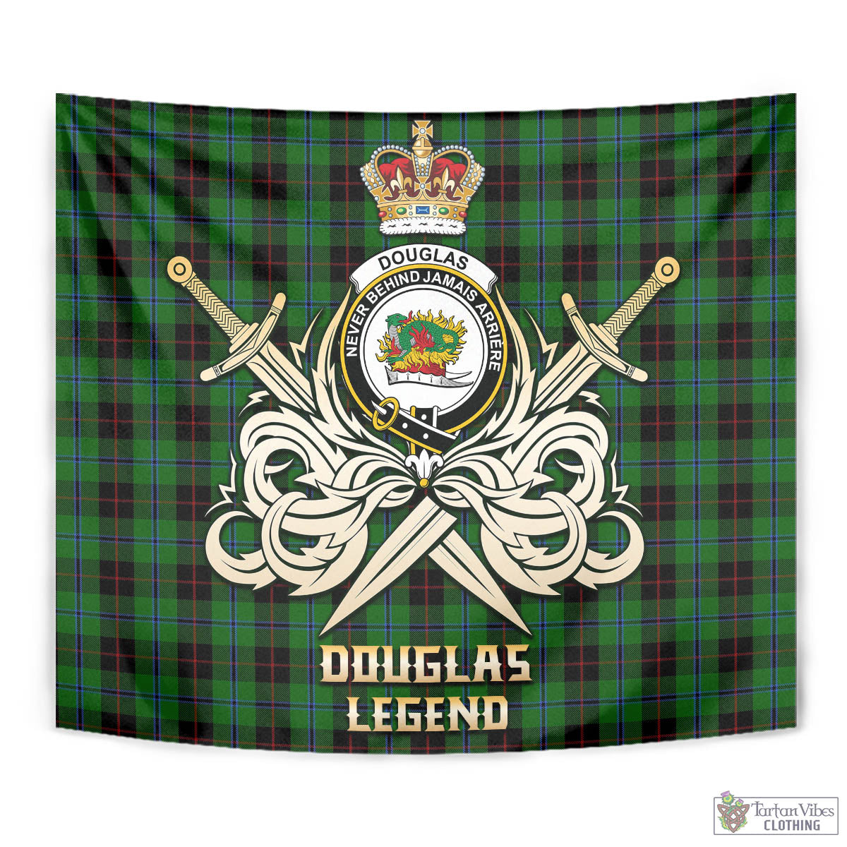 Tartan Vibes Clothing Douglas Black Tartan Tapestry with Clan Crest and the Golden Sword of Courageous Legacy