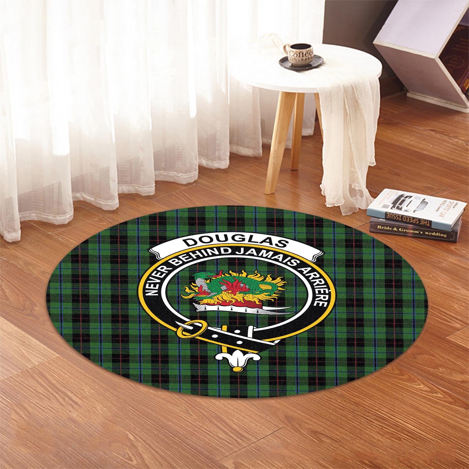 Douglas Black Tartan Round Rug with Family Crest - Tartanvibesclothing