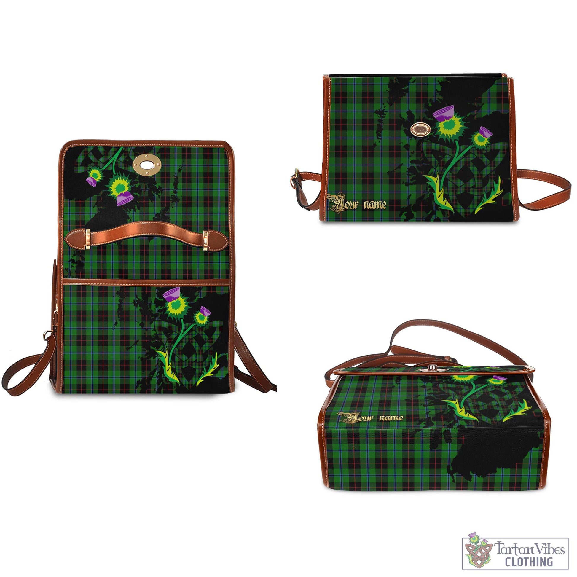 Tartan Vibes Clothing Douglas Black Tartan Waterproof Canvas Bag with Scotland Map and Thistle Celtic Accents